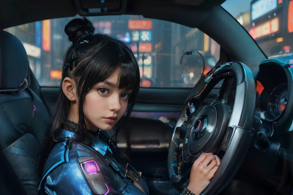 ((masterpiece, Best Quality, Best image quality, High resolution, Realistic, RAW Photo 8k))、((SF、Cyberpunk cityscape:1.2))、(European Girls)、Thin Nose、Beautiful Face, 1 female、beautiful girl、(:1.5)、(Bright dark blue eyes、Sharp Eye:1.2)、(beautiful girl:1.2)、(Black Hair、Undercut Hair、bun:1.2)、((cyberpunk Sexy School Uniform:1.2))、(Looking into the camera:1.3)、(Composition on knees:1.2)、((underboob:1.2))、((Girl in a car、Girl holding the wheel of a car:1.5))