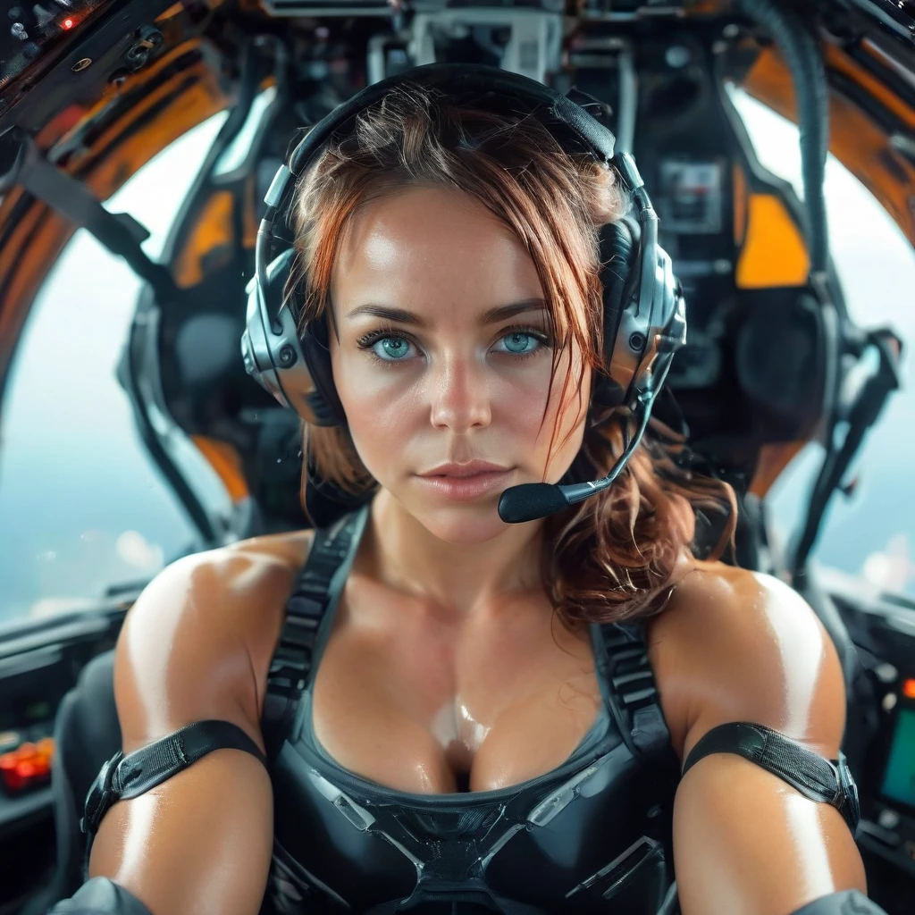 (masterpiece), (High definition photos), (8k), (dynamic), (Detailed skin), (Detailed eyes), (one Caucasoid girl), (Photographed from directly in front), (Female pilot sitting at the cockpit of a futuristic spaceship), (Looking into the camera), Muscular, headset, sporty lingerie, enormous and saggy breasts, harness, upper body, red hair, Wet