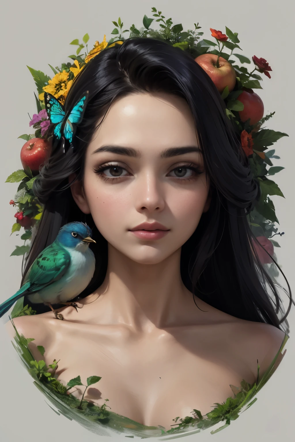 Portrait masterpiece, Best Quality, Very detailed, floating, Beautiful fine details, Detailed light, fruit, flower, colorful, garden, colorful background, forest, bird, butterfly