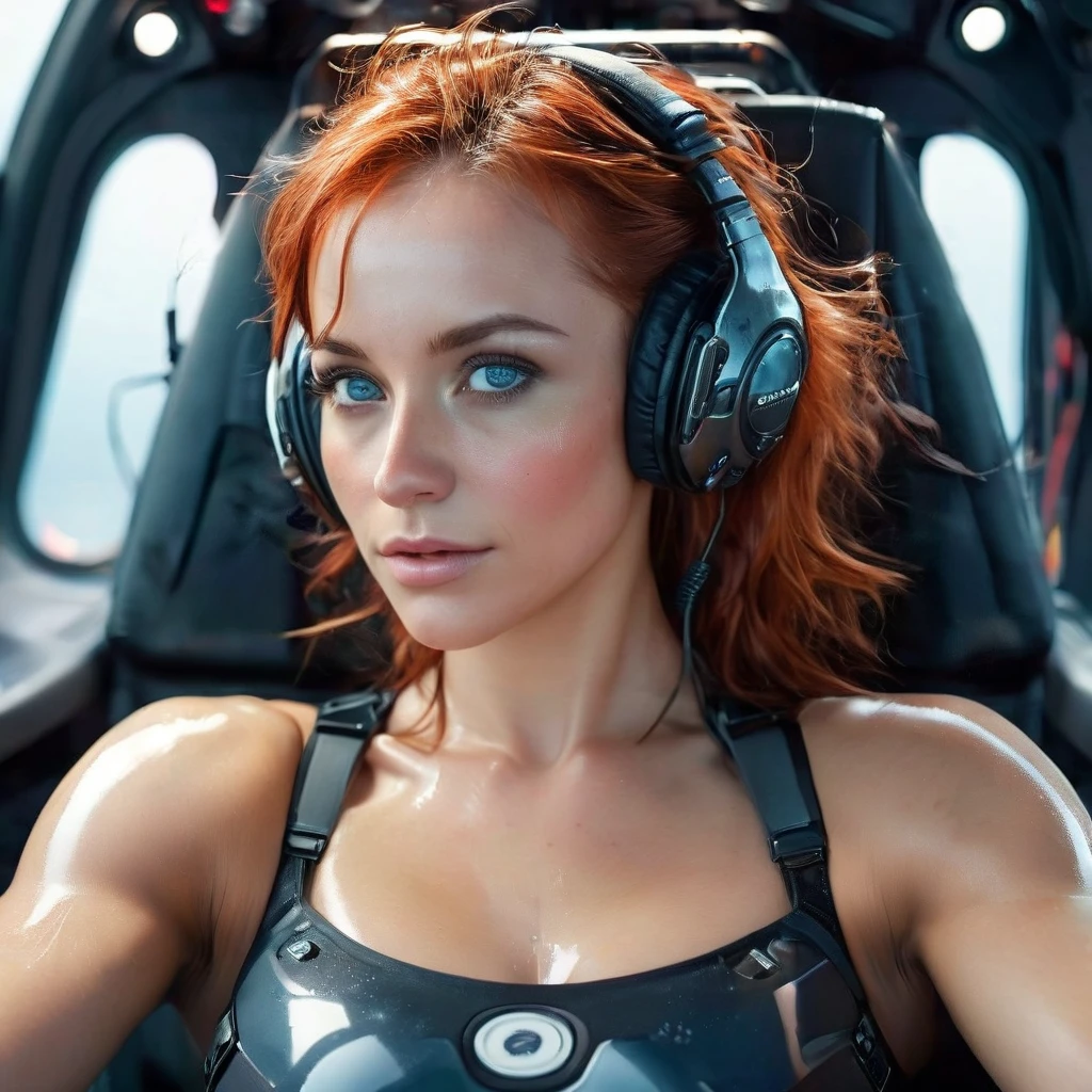 (masterpiece), (High definition photos), (8k), (dynamic), (Detailed skin), (Detailed eyes), (one Caucasoid girl), (Photographed from directly in front), (Female pilot sitting at the cockpit of a futuristic spaceship), (Looking into the camera), Muscular, headset, sporty lingerie, enormous and saggy breasts, harness, upper body, red hair, Wet