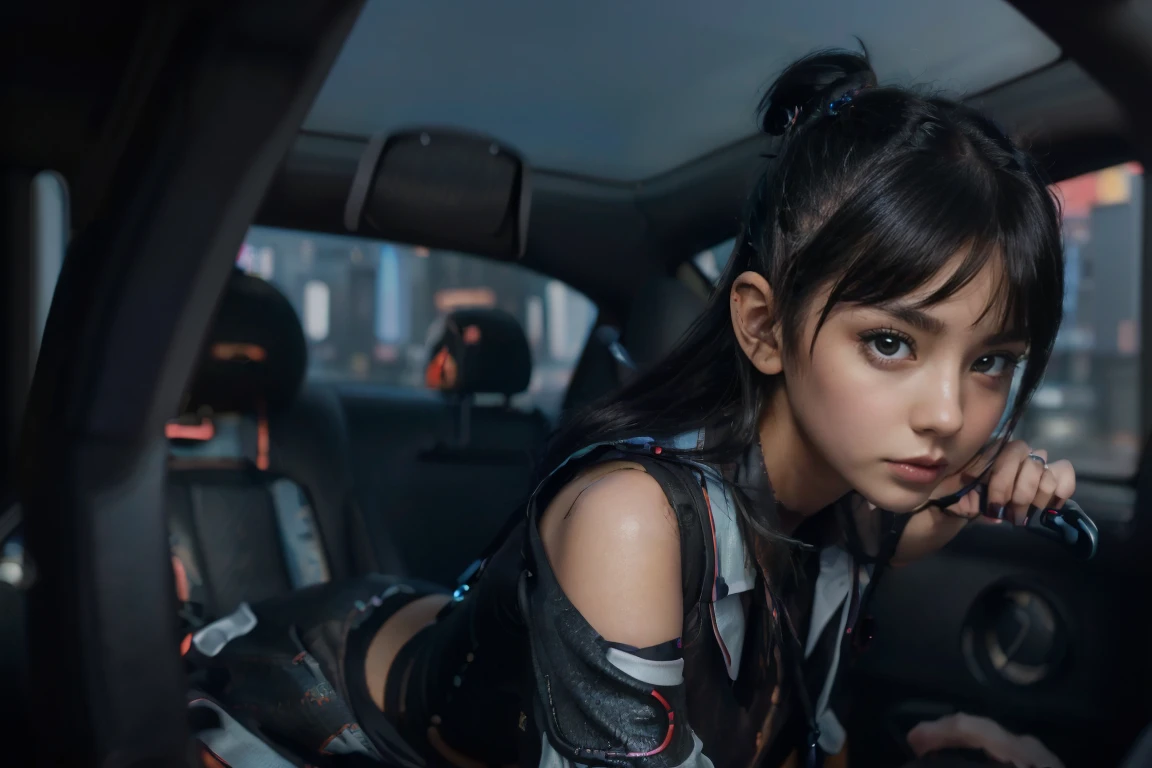 ((masterpiece, Best Quality, Best image quality, High resolution, Realistic, RAW Photo 8k))、((SF、Cyberpunk cityscape:1.2))、(European Girls)、Thin Nose、Beautiful Face, 1 female、beautiful girl、(Junior high school students:1.5)、(Bright dark blue eyes、Sharp Eye:1.2)、(beautiful girl:1.2)、(Black Hair、Undercut Hair、bun:1.2)、((cyberpunk Sexy School Uniform:1.2))、(Looking into the camera:1.3)、(Composition on knees:1.2)、((underboob:1.2))、((Girl in an open car、Girl holding the wheel of a car:1.5))