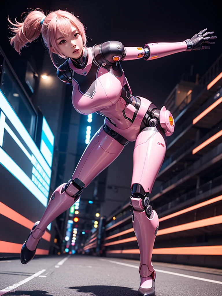 A dynamic girl-type robot with a huge and heavy-looking body.、Running and moving、solo、Metallic pink body、Extremely long legs、Perfect proportions