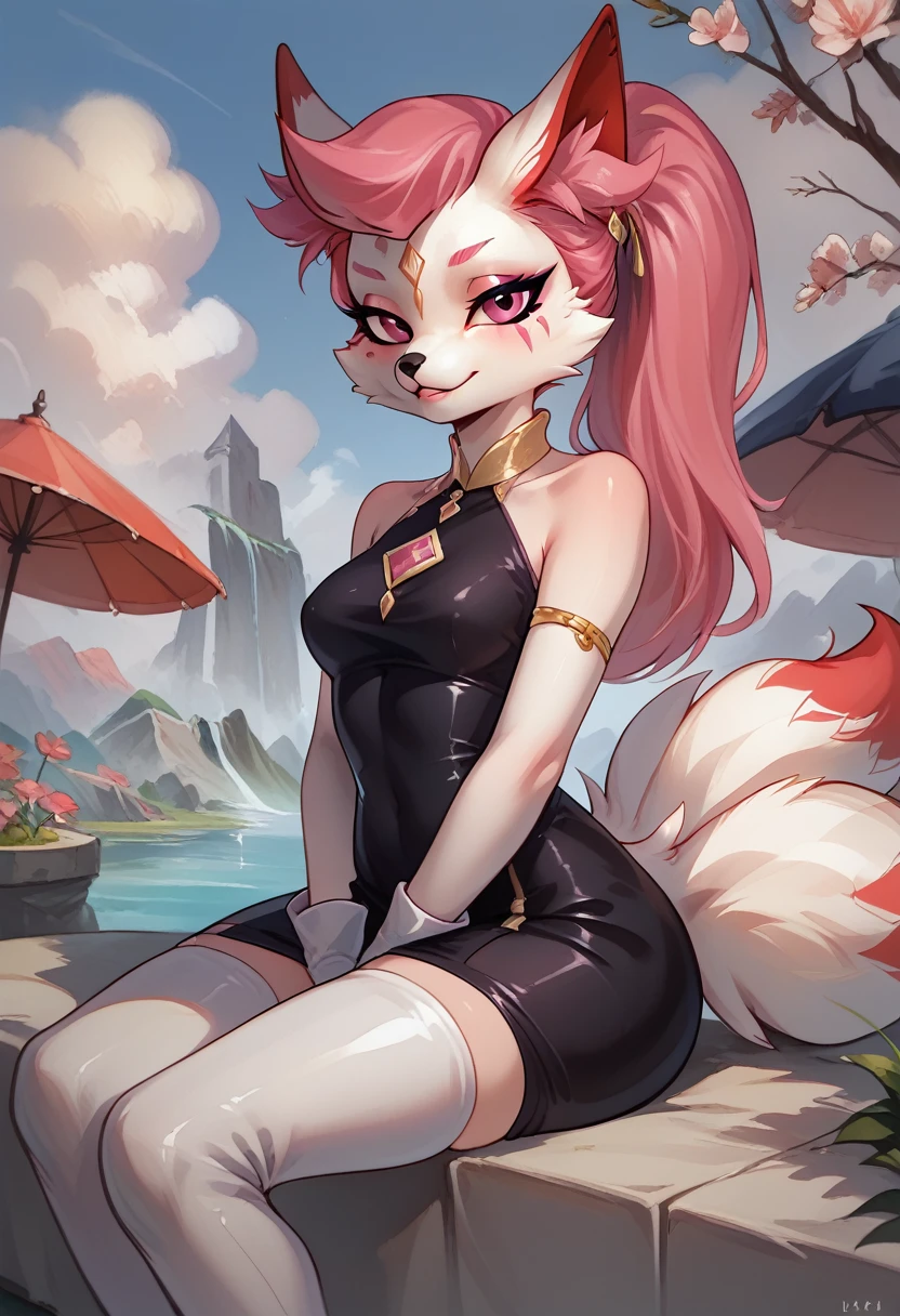 score_9, score_8_up, score_7_up, ultra quality, 1girl, Kimikoxl, anthro, white fox girl, white fur, pink hair, ponytail, white animal ears, animal nose, pink eyes, face markings, black dress, dress, skin tight dress, white gloves, white thighboots, sitting, seductive look, bedroom eyes, white fox tail, cowboy shot, looking at viewer, staring at viewer, infatuated with viewer, looking back,outdoors, sunny