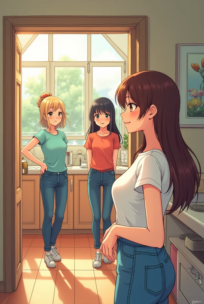 nsfw, masterpiece, best quality, high resolution, 3girls at the age of 20 year wearing ((jeans pants)), topless and barefeet in a restroom, blushing and worried, full body, ((((((big pee stain))))))