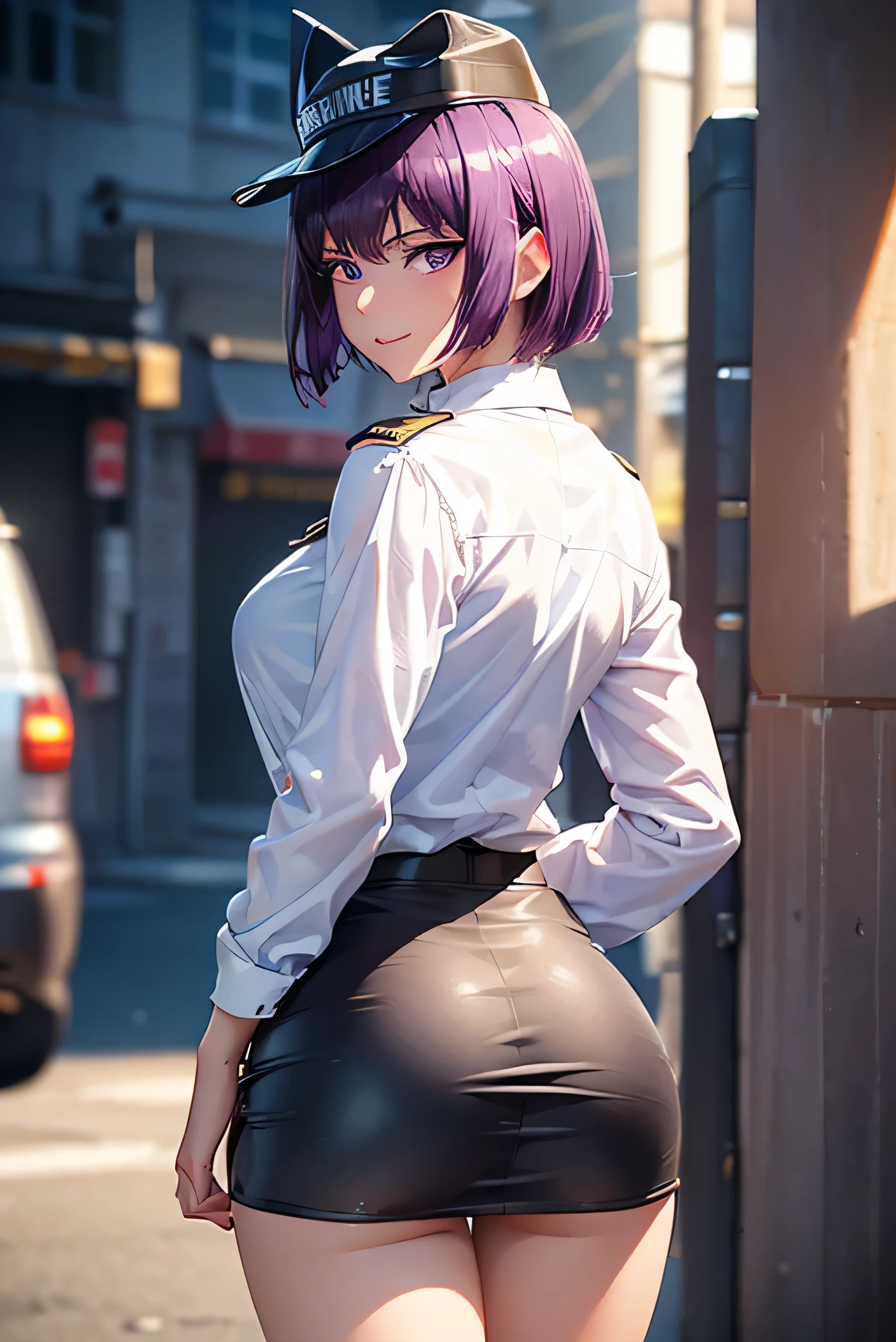 Sana Sunomiya、Shiny purple hair, Short Hair, (Beautiful purple eyes、Sparkling eyes, Fine grain)、smile、Ultra-detailed eyes、Highly detailed face, Highly detailed eyes,Cowboy Shot、



(masterpiece:1.2, Best Quality), (Realistic, photoRealistic:1.4),Beautiful illustrations,(Natural Side Lighting, Cinema Lighting),
1 female,Japanese,Mature Woman,Female police officer on patrol,Perfect Face, Symmetrical face, Shiny skin,
,(smile),
break((Police Officer Shirt)),((A tight mini skirt made from very thin fabric)),(Police hat),(The background is a street corner:1.5),(((Background Blur:1.5))),((Police uniform)),break(((From behind:1.5))),(((Stick your butt out:1.2)))