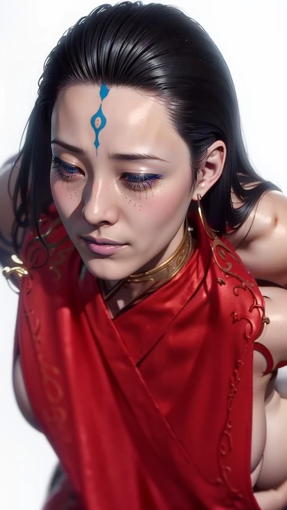 (（（Perfect body,White and tender skin,（（（Wearing a blue and red robe）））,(（（Black Myth: Wukong - Kang Jinlong，forehead mark，Blue marks on the forehead, rings on both ears,））),((masterpiece)),highres,((Best quality at best)),masterpiece,quality,Best quality,(（（ Exquisite facial features,Looking at the audience,There is light in the eyes, ）））,Huge breasts，From the back，Bend down and look back，Dynamic poses，，）））