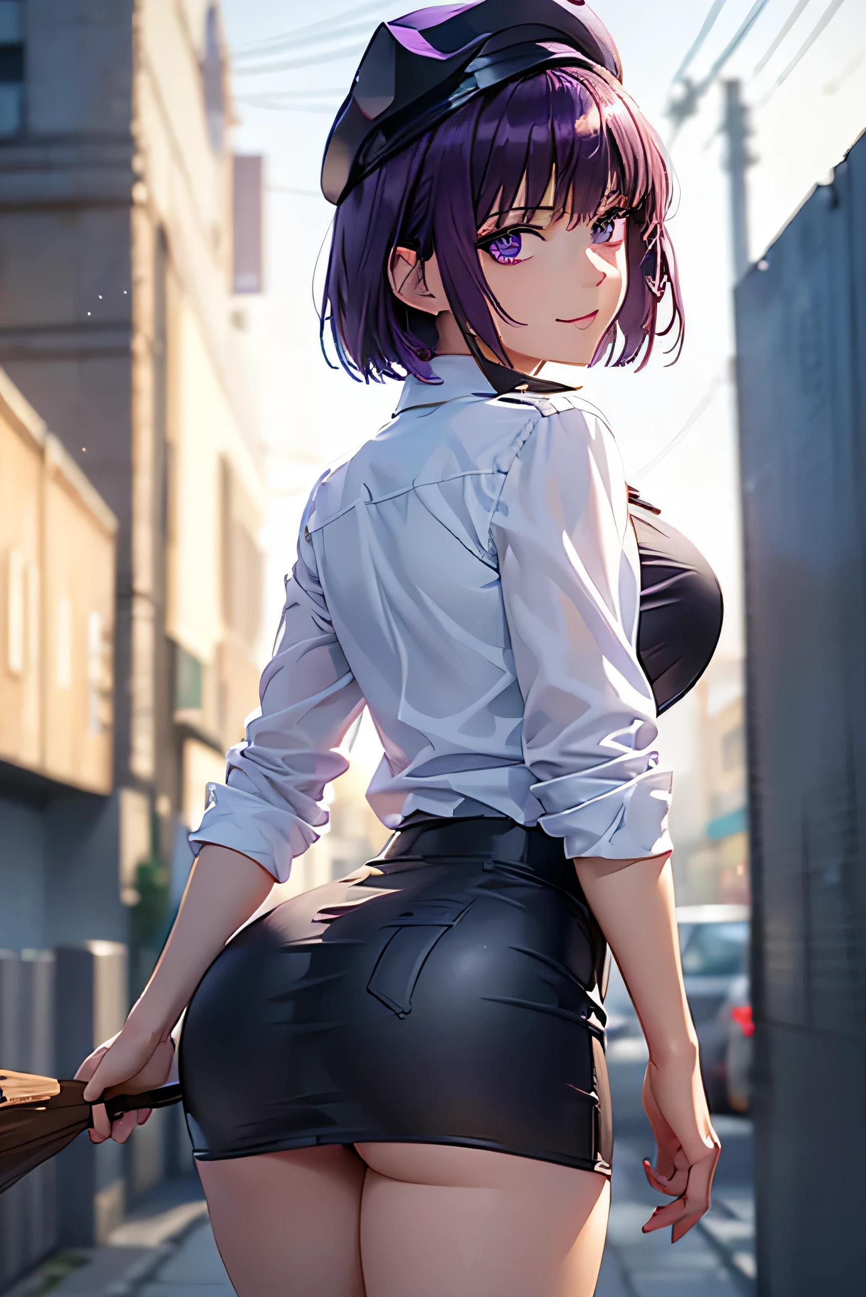 Sana Sunomiya、Shiny purple hair, Short Hair, (Beautiful purple eyes、Sparkling eyes, Fine grain)、smile、Ultra-detailed eyes、Highly detailed face, Highly detailed eyes,Cowboy Shot、 (masterpiece:1.2, Best Quality), (Realistic, photoRealistic:1.4),Beautiful illustrations,(Natural Side Lighting, Cinema Lighting), 1 female,Japanese,Mature Woman,Female police officer on patrol,Perfect Face, Symmetrical face, Shiny skin, ,(smile), break((Police Officer Shirt)),((A tight mini skirt made from very thin fabric)),(Police hat),(The background is a street corner:1.5),(((Background Blur:1.5))),((Police uniform)),break(((From behind:1.5))),(((Stick your butt out:1.2)))