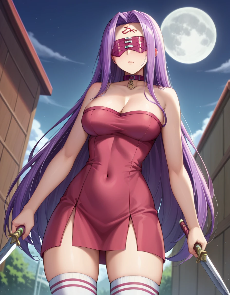 score_9、score_8_up、score_7_up、source_real、medusarider、Medusa Rider、Long Hair、Very long hair、Purple Hair、Face mark、Mark on forehead、Knee socks、dress、Cleavage、Bare shoulders、Sleeveless、黒いdress、collar、Strapless、Straplessdress、Blindfold、Outdoor、night、night空、moon、cloud、Staring at the audience、Cowboy Shot、Dutch Angle、Combat Stance、arms、chain、knife、Bottom-up view、Curvy、Alone、Realistic photo style、最high quality、masterpiece、Very sophisticated、high quality、High resolution、