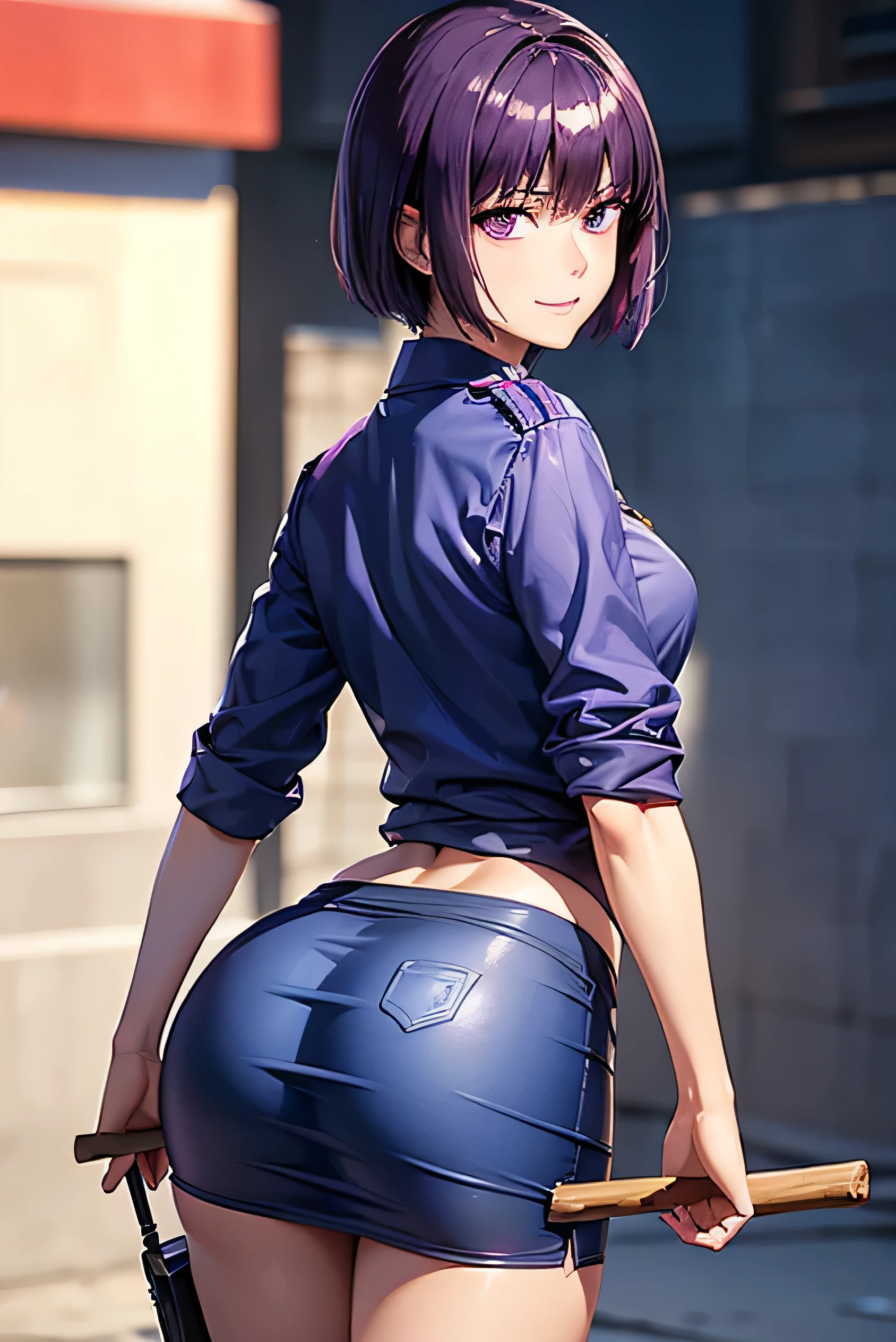 Sana Sunomiya、Shiny purple hair, Short Hair, (Beautiful purple eyes、Sparkling eyes, Fine grain)、smile、Ultra-detailed eyes、Highly detailed face, Highly detailed eyes,Cowboy Shot、 (masterpiece:1.2, Best Quality), (Realistic, photoRealistic:1.4),Beautiful illustrations,(Natural Side Lighting, Cinema Lighting), 1 female,Japanese,Mature Woman,Female police officer on patrol,Perfect Face, Symmetrical face, Shiny skin, ,(smile), break((Police Officer Shirt)),((A tight mini skirt made from very thin fabric)),(Police hat),(The background is a street corner:1.5),(((Background Blur:1.5))),((Police uniform)),break(((From behind:1.5))),(((Stick your butt out:1.2)))