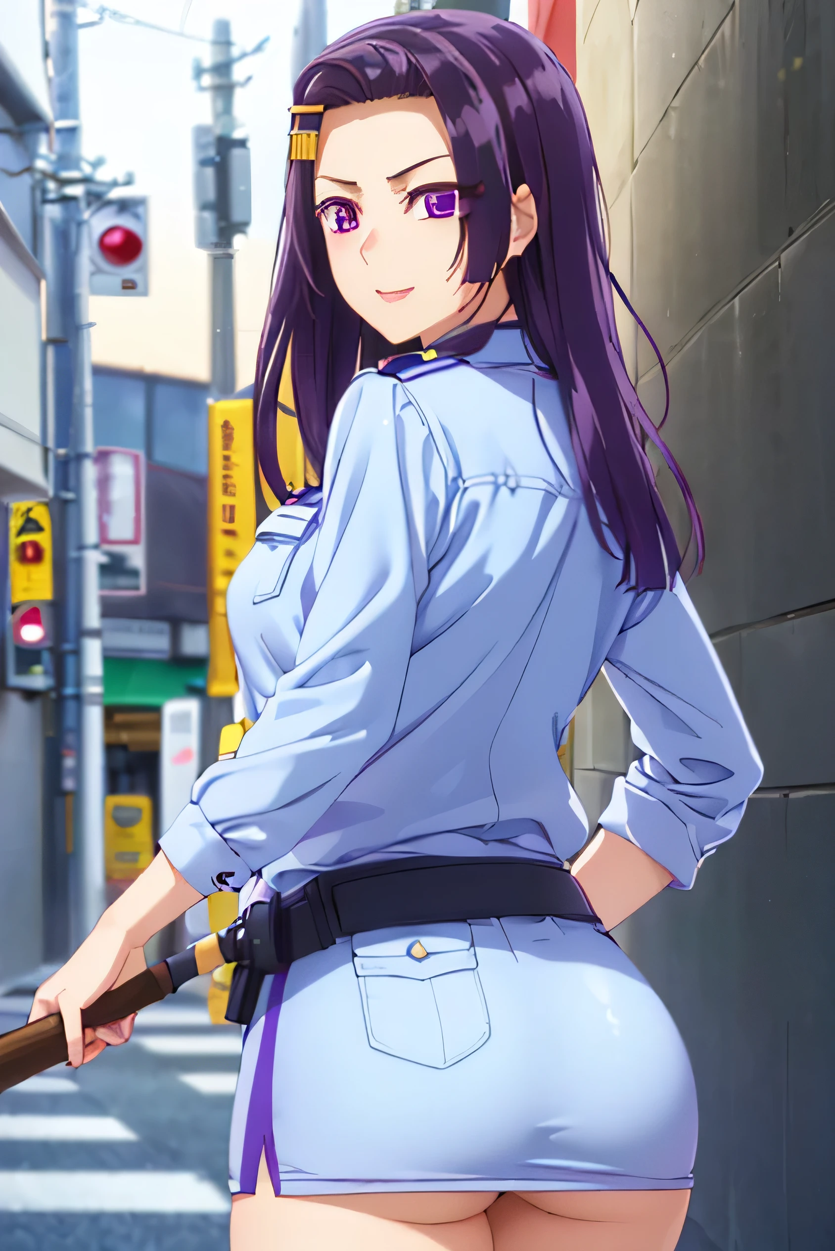 Sayuri Akino、Shiny purple hair, Long Hair, Hair Ornament, Hairclip (Beautiful purple eyes、Sparkling eyes, Fine grain)、(purple eyes:1.1)、 (forehead:1.2)、smile、Ultra-detailed eyes、Highly detailed face, Highly detailed eyes,Cowboy Shot、 (masterpiece:1.2, Best Quality), (Realistic, photoRealistic:1.4),Beautiful illustrations,(Natural Side Lighting, Cinema Lighting), 1 female,Japanese,Mature Woman,Female police officer on patrol,Perfect Face, Symmetrical face, Shiny skin, ,(smile), break((Police Officer Shirt)),((A tight mini skirt made from very thin fabric)),(Police hat),(The background is a street corner:1.5),(((Background Blur:1.5))),((Police uniform)),break(((From behind:1.5))),(((Stick your butt out:1.2)))