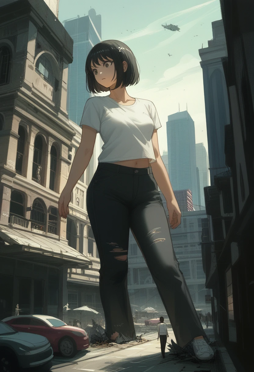 Giantess、Giantess Woman、Giantess、Dynamic Lighting、Looming、walk、A woman bigger than the building、8k、High Quality、high quality、Draw women big、White shirt、Black pants、pubic hair、Black Hair、Small breasts、Miniature Buildings、Miniature city、Miniature destroyed buildings、Giant destroying buildings、Destroying a building with hands、Ruined City、Broken Building、City in Ruins、big disaster、Aerial photo