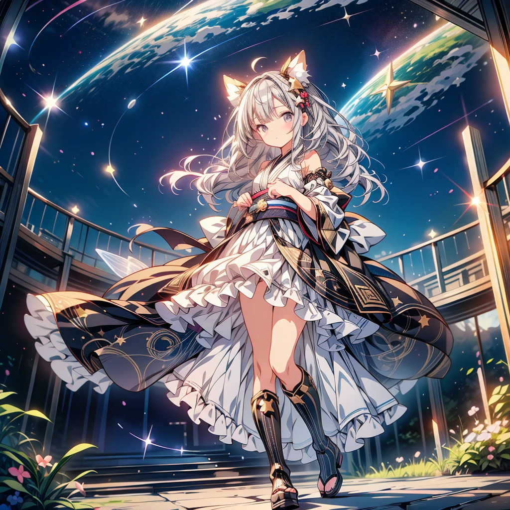 highest quality、８k,handsome face、vtuber-halfbody、A picture facing straight ahead towards the viewer、Star Fairy、Full body front standing picture、front、1girl,highest quality、masterpiece、official art、Super detailed、super beautiful、Cute Star Fairy、Gray hair straight long、Milky Way、universe、Star charm、Star、、knee-high boots、Japanese pattern dress、A beautiful girl wearing black and white clothes that are a remake of a yukata.、A ruffled dress reminiscent of the universe、