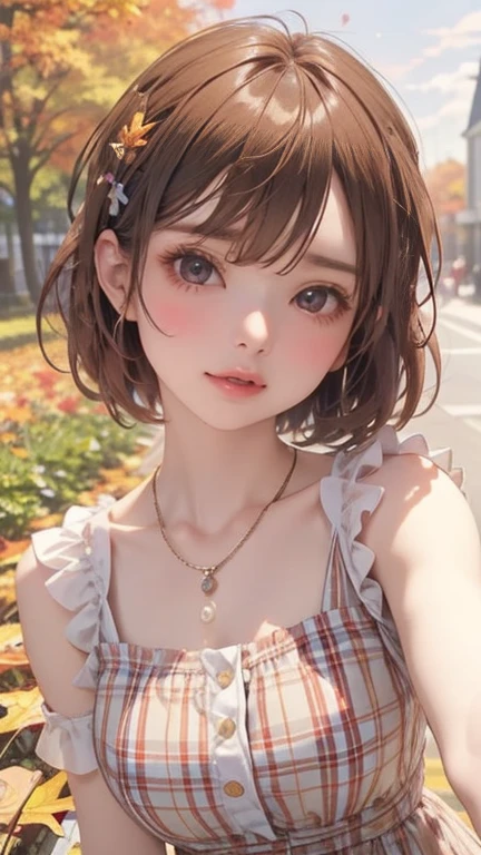 , , Ultra Detailed,Vivid colors, Extremely beautiful and detailed anime face,(Close your eyes:1.5),Short hair, , Asymmetrical bangs, 金色Short hair，Twin ponytails, Shiny hair, Delicate and beautiful face, Blush、White skin, Hairpin, (Brown plaid dress:1.3)、Slim figure、(Autumn sky:1.2)、(Sunlight)、Necklace、(Crying Smile:1.3)、Open your mouth