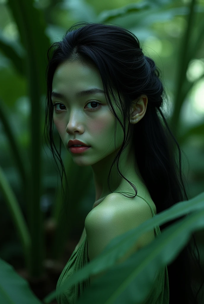 (8K quality、High resolution、Ultra-detailed、最high quality、masterpiece、high quality、Perfect dynamic composition,Gravure photo、Realistic:1.3)、Perfect lighting、One Goblin Woman、Detailed face、Detailed skin、Detailed eyes、Beautiful Face、（Spread Legs、Otherworldly fantasy:1.3)、Green Face、Green Skin、Green body、Green Hair、Pointed Ears、Big Breasts、naked、nude、forest