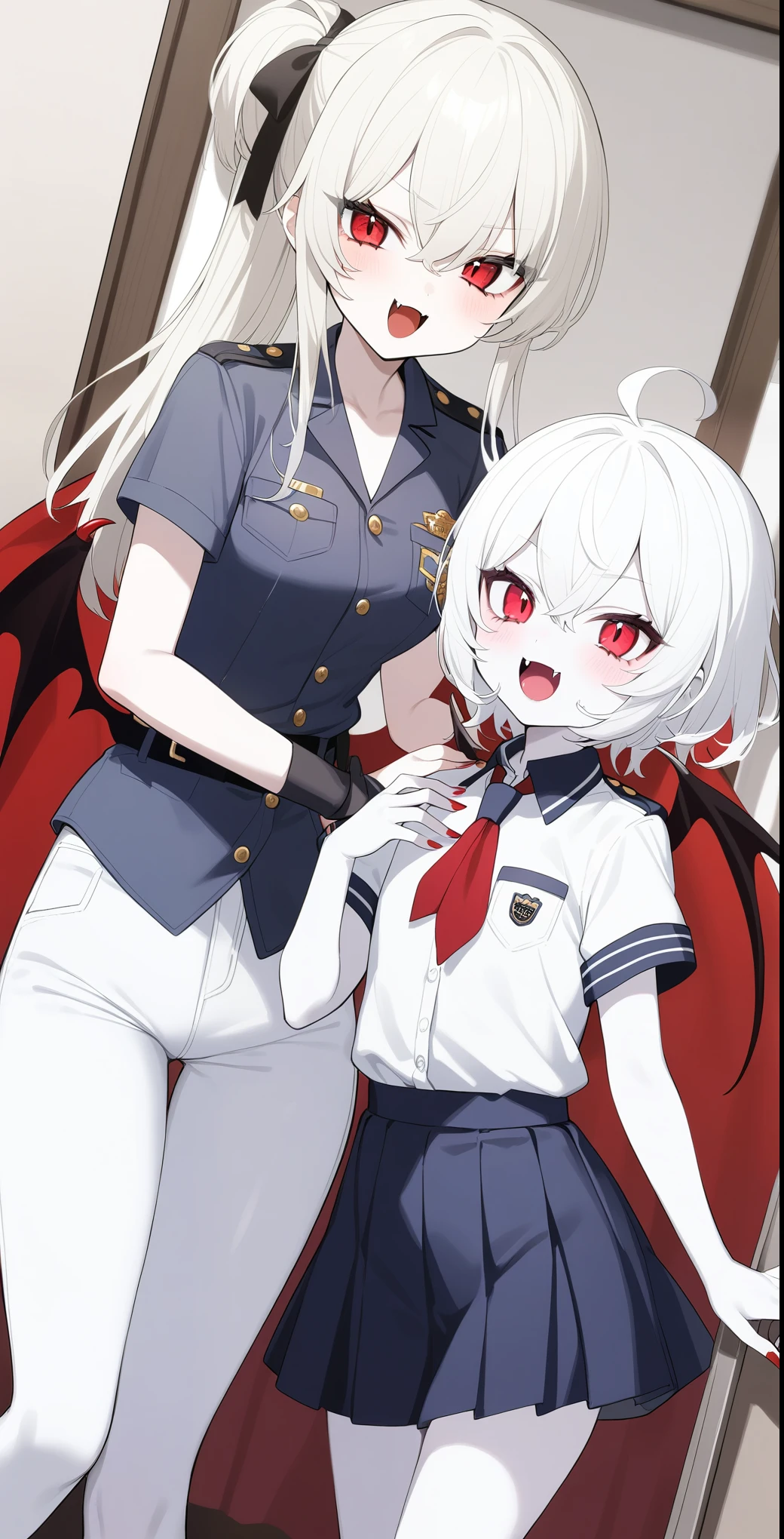 2 Girls、Cute hairstyle、Red Eyes、The fangs grow、vampire、high school student、Pure white and pale skin、Pure white hair、Police uniform、Height 150〜180cm or more、vampire学園の生徒、Red nails、