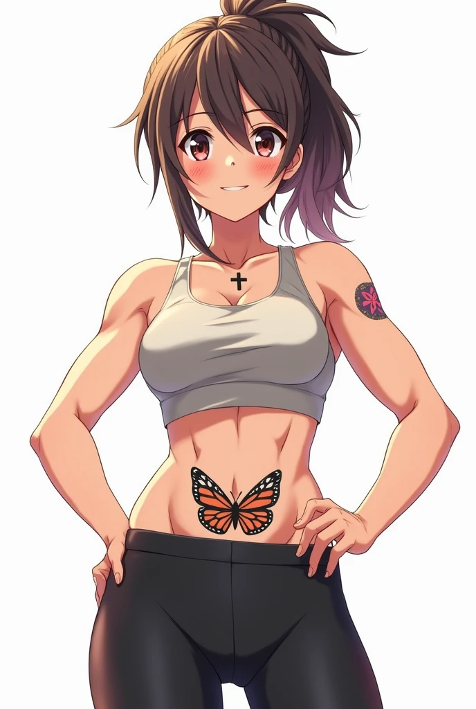 masterpiece, best quality, absurdres, perfect antomy, Satonaka Chie, brown eyes, outdoors, smile, sports bra, black bra, green shorts, short shorts, athletic shorts, squatting, public tattoo, fellatio gesture,