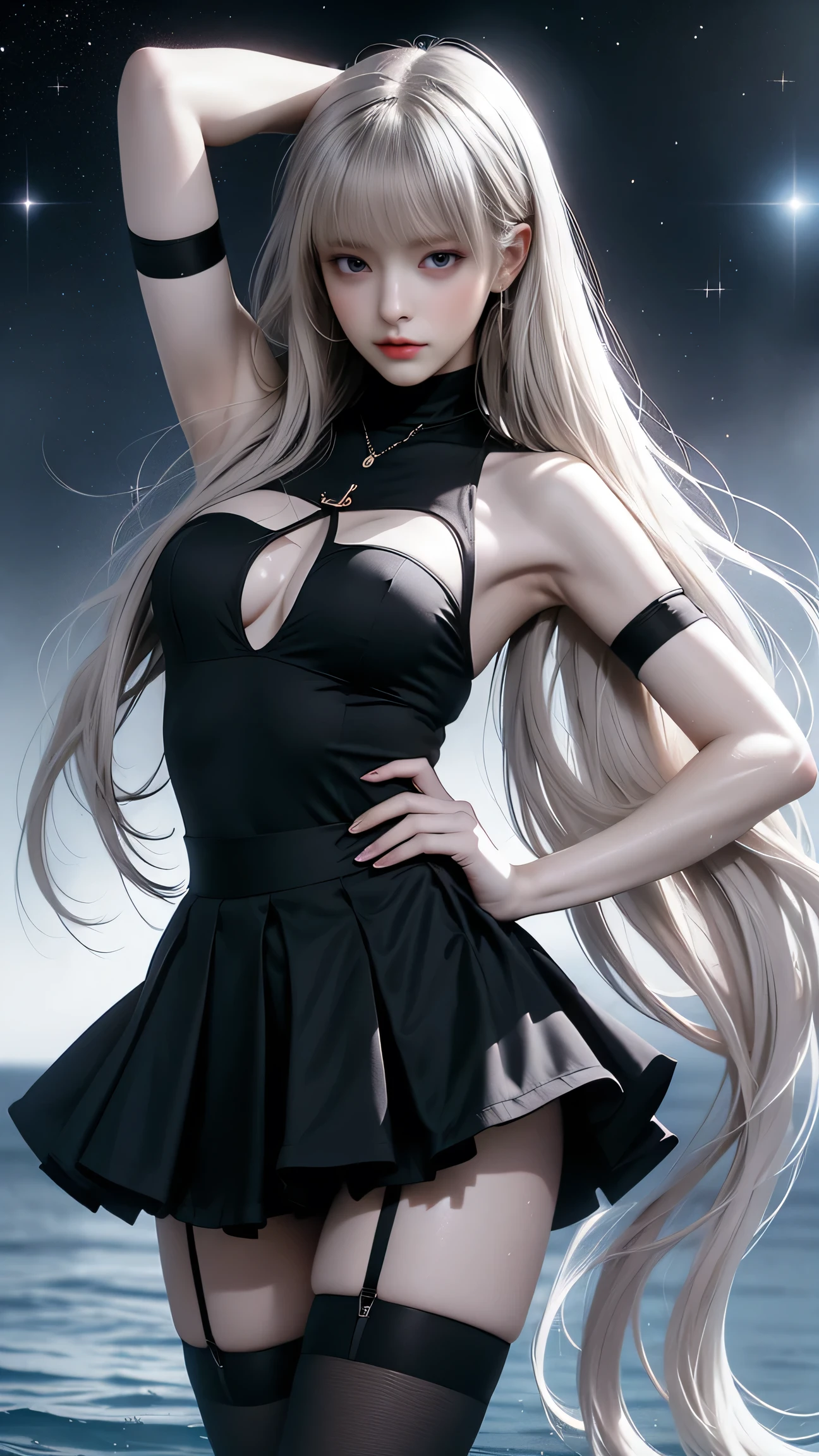 (best qualtiy)),((Superior Quality, 8k, tmasterpiece: 1.5)), Pubic area is clear: 1.2, Perfect Body Beauty: 1. 4) Wet Skin, smile, Film texture, Photorealistic, High image quality, 1 person, single, High hips、 Apparently、(Narrow Face)、Gray Hair、Long Hair、4K, Ultra HD, masterpiece, 1 girl, serious face, detailed eyes, very long hair, (water:1.5),(Off-the-shoulder black one-piece miniskirt),(Black garters and garter belts),(Black Stockings),(黒いHigh heels)、( Lift up your skirt with both hands))、(Black panties are visible)fluorescent color、((One Girl))、Look to the side、 Beautiful Face、Beautiful Eyes、(Big Blue Eyes)、(Dull silver hair)、Shiny Hair、Glowing Skin、Reduce glare、Finger Proportion Adjustment、Escrow、Bat View、(dance)、Dynamic Angle、(Master Parts)、(Best Quality)、(Ultra-fine) (Ultra fine)、(Illustration)、(Detail Light)、(Very delicate and beautiful)、Dramatic Shadows、Ray Tracing、reflection、超High resolution、(Master Parts)、(High image quality) High resolution、(Master Parts)、(最High image quality)、(Ultra HD)、High resolution、((Colorful hair and mesh))、Hair fluttering in the wind。Hair fluttering in the wind、(Big deep blue eyes)、Silver Hair、Hair woman、Sparkling butterfly、Sparkling butterfly、Hair Black) woman、Light spots around the woman、Magical Aura、Green dot、The true nature of aura、Magical Aura黒Hair woman、、(Sleeveless)、(The skirt flutters in the wind)、(Searchlight)((Furby、Laser beam))、(Full Body Shot)、(Long legs)、(High heels)、、Underarm、Raise your arms、protogen、Underarm、Show the side、、Sleeveless、upper armを見せる、upper arm、Raise your arms、(Behind me is a sky full of stars、Milky Way Galaxy)