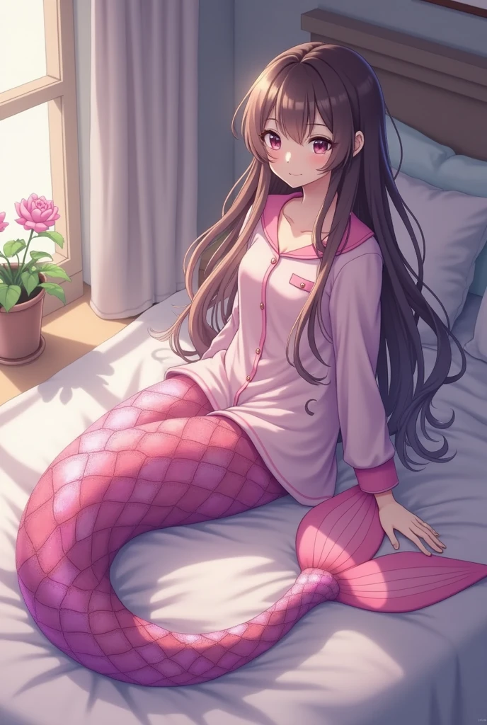 anime girl sitting on bed, in a bedroom, wearing pajamas, long hair with a pink mermaid tail