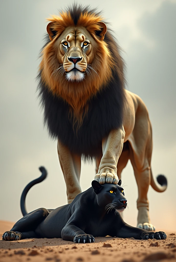 Lion standing on a dead black bear that it fought