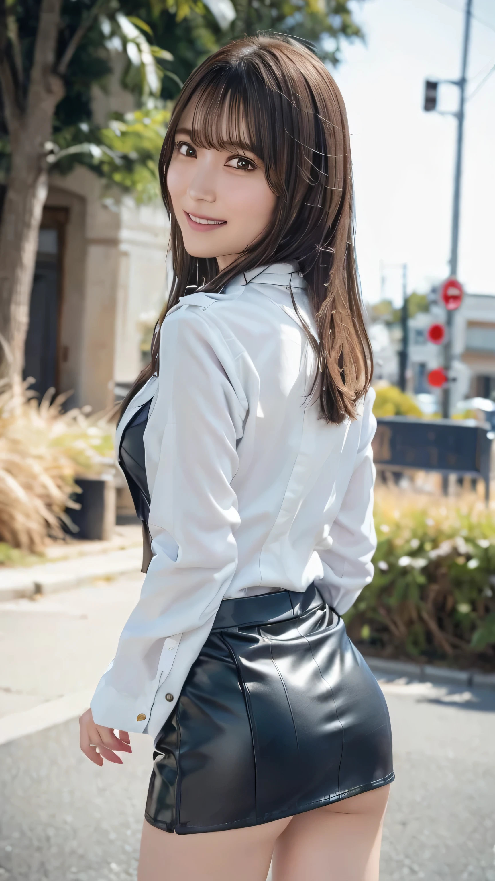 Ultra high resolution CG Unity 8K wallpaper, Beautiful Features、((Brown Hair、ponytail: 1. 5)), ((Azure Eyes:1.3)), ((smile:1.4)), High pixel density、Beautiful and sophisticated eyes、Highest quality, Ultra HD, Ultra-clear illustrations、High Contrast、Tonal correction、Ultra-realistic oily and glossy skin, Detailed fabric texture, Physically Based Rendering、Retina、Ray Tracing, RAW Photos, Natural front light、Accurate Fingers, Anatomically correct, 
BREAK, 
((Cowboy Shot:1.2)), (mini skirt、Pencil Skirt:1.3), blouse、tie、Busy Street、Outdoor、night、neon、Tokyo、