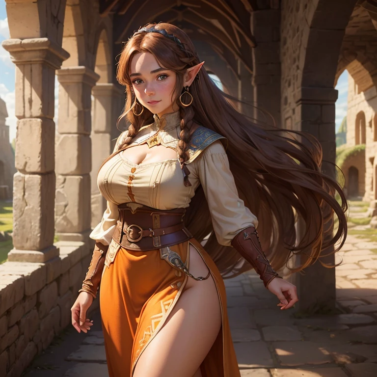 ((Medieval fantasy setting)). score_9, score_8_up, score_7_up, score_6_up. Echo is a 22-year-old half-elf. She has light brown skin. Thick light chestnut hair with caramel highlights and soft waves. Brown eyes with green hues. Her beautiful face is oval with soft features and pronounced cheekbones. She has full and attractive lips with a natural blush. A slight scar over her right eyebrow. Her ears are small like a human's but pointed like an elf's. Her physique is athletic and slim, she toned and flexible. She has a round and elastic body shapes.
Secret Masturbation: 1 elf girl masturbates at a public holiday in broad daylight. Background: Fair, broad daylight. The people behind Echo are busy with their own affairs. The stage is in a remote part of the fair. Clothing: A white-transparent light sundress worn over a naked body without underwear. Thin straps, open shoulders. With loose hair. Her nipples are firm, clearly protruding through the thin fabric.
Pose: Echo stands with her back to the crowd, one hand lifting her dress, exposing her thighs. The other hand she uses to masturbate. Her face is slightly turned, an excited smile plays on her lips, her eyes are half-closed. Camera: Front-bottom, angled to show details of the process. Tags: (secret masturbation, standing, orgasm, spied-on, covered nipples, penetration, vaginal insertion, intense masturbation, deep insertion, creamy discharge, (Medieval))