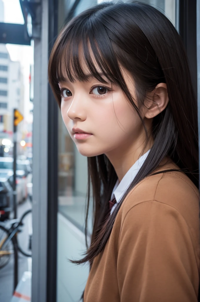 (Highest quality,8K,masterpiece),There is a woman holding a glass of coffee and a straw, kimi takemura, Yasumoto Oka, Portrait of a Japan teenager, harumi, Another close-up of Iwakura, Shot with Nikon Z9, Ai Yazawa, shikamimi, Chiho, With a straw, seifuku, Kotegawa Yui,huge ,Beautiful expression,(Detailed eyes,Detailed skin,Detailed lips,Lip gloss),Captivating look,