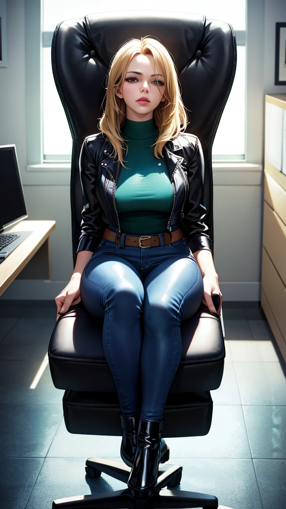 Cute girl in latex jacket, denim trousers sitting on an office chair, perfect body