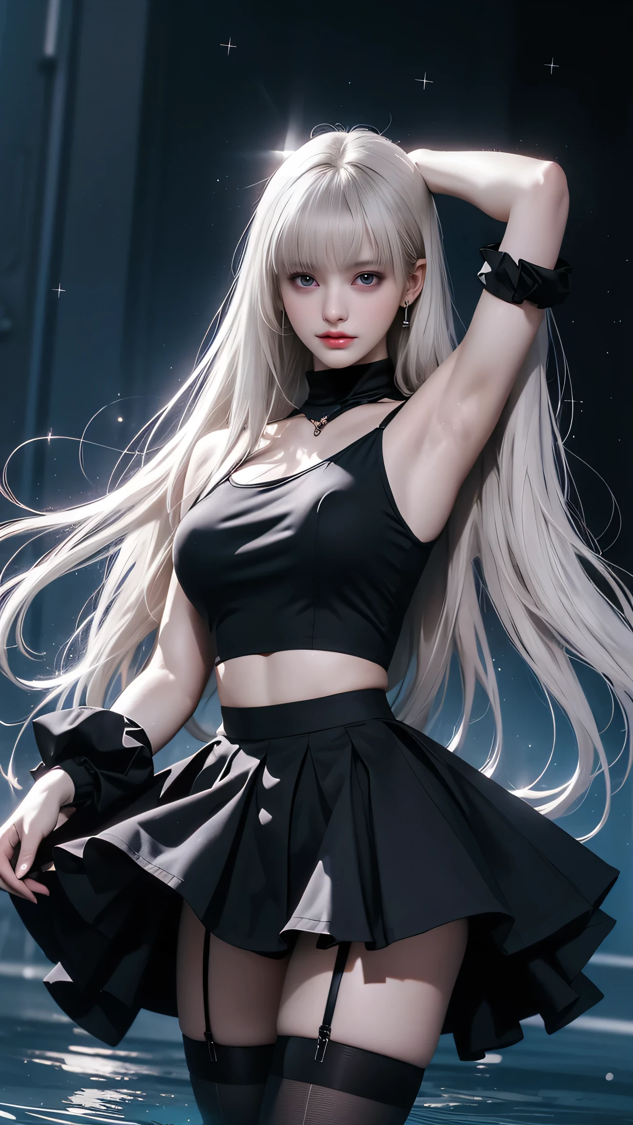 1 girl, anime style, transparent suspender stockings, leg straps, short skirt, (long white hair), blue eyes, rain-soaked top, rainy day, heartache expression