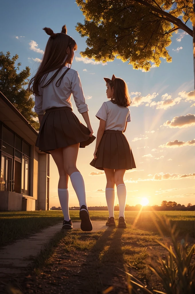 A junior high school couple walking in the school building holding hands The wall is white Outside the window is a plane tree Sunlight pours in through the window Girls have ponytails Boys have short hair Girls are shorter than boys Tilt their heads and say I love you The boy is slightly shy and says I'm too