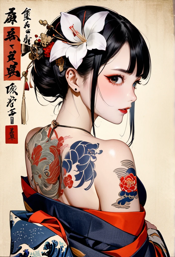 (masterpiece, top quality, best quality, official art, beautiful and aesthetic:1.2),1girl, tattoo, solo, japanese clothes, hair ornament, unsheathing, black hair, sheath, back tattoo, blue eyes, off shoulder, bare shoulders, looking back, from behind, flower, looking at viewer, holding, makeup,
indoor,