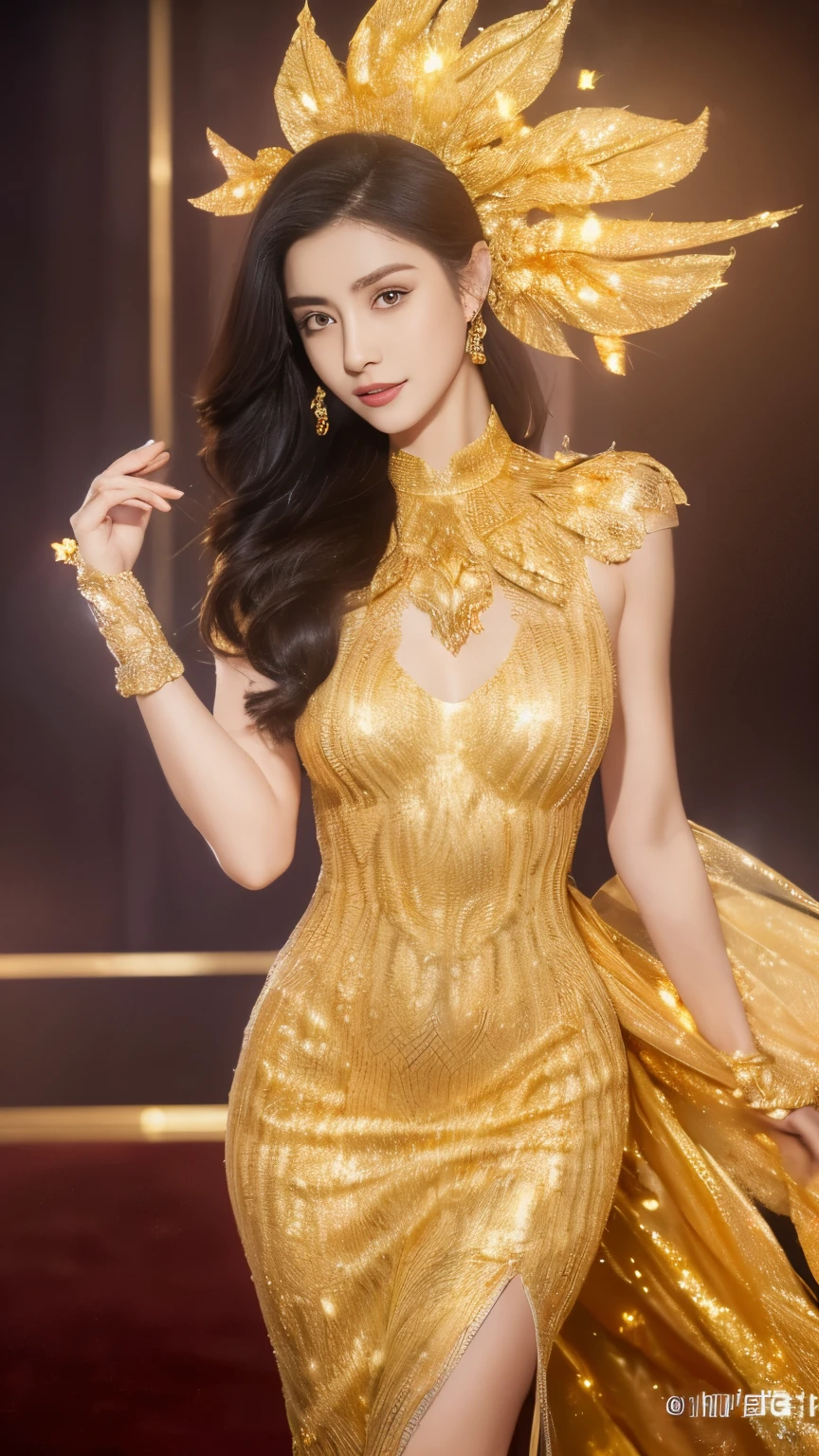 Black hair, Surrealism, 8k, Superb details, UHD, Masterpiece, precise, Anatomically correct, Textured skin, Superb details, High Detail, High quality, Best quality, 8k，Beautiful woman，(golden dress:1.5)，Glittering outfit，princess，Western Castle