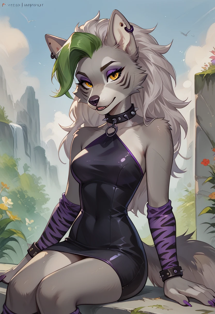 score_9, score_8_up, score_7_up, 1girl, anthro, roxannewolf, roxanne wolf, roxanne, grey wolf girl, grey fur, grey hair, grey animal ears, animal nose, yellow eyes, purple tigerprint arm warmers, purple tigerprint leg warmers, black dress, dress, skin tight dress, sitting, green/black/purple nails, earring, studded piercing, studded wristband, studded collar, sitting, seductive look, bedroom eyes, from behind, grey wolf tail, cowboy shot, looking at viewer, staring at viewer, infatuated with viewer,outdoors, sunny