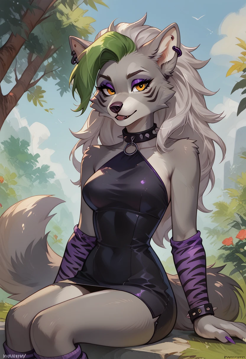 score_9, score_8_up, score_7_up, 1girl, anthro, roxannewolf, roxanne wolf, roxanne, grey wolf girl, grey fur, grey hair, grey animal ears, animal nose, yellow eyes, purple tigerprint arm warmers, purple tigerprint leg warmers, black dress, dress, skin tight dress, sitting, green/black/purple nails, earring, studded piercing, studded wristband, studded collar, sitting, seductive look, bedroom eyes, from behind, grey wolf tail, cowboy shot, looking at viewer, staring at viewer, infatuated with viewer,outdoors, sunny