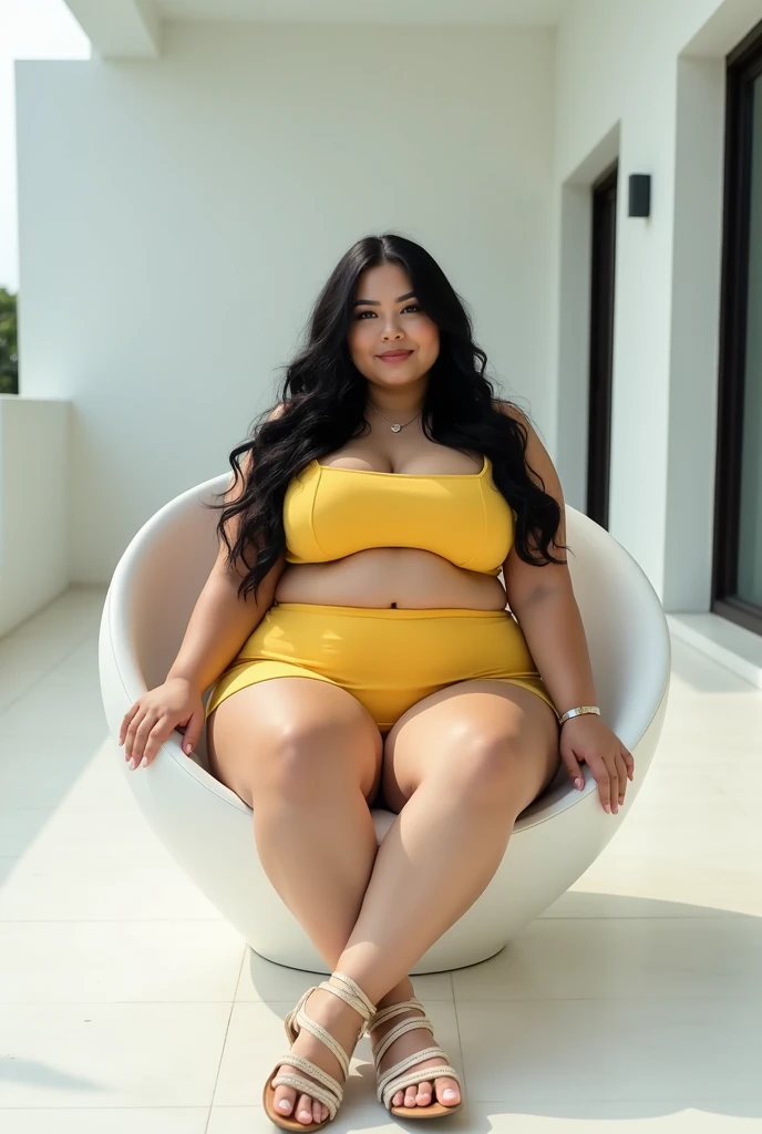 there is a woman standing in front of a yellow bench, sitting in a plastic throne, sitting on an royal throne, sitting on a throne, sitting in a gilded throne, sitting on intricate throne, sitting on an ornate throne, sitting on a golden throne, sitting on the throne, sitting on throne, sitting on golden throne, sitting on the porcelain throne, Big tits, huge tits, no clothes, sexy, cute, wide hips, thick thighs, pear-shaped body, minimal clothes, thick, bbw, chubby stomach, thick nipples, nipple piercings, large areola, hard nipples, piercing through shirt, nipples hard through shirt, chubby stomach showing, tummy spilling over the side, muffin top, panties only, no pants, pants off, stomach too big for panties, wearing yellow top, wearing black bottoms