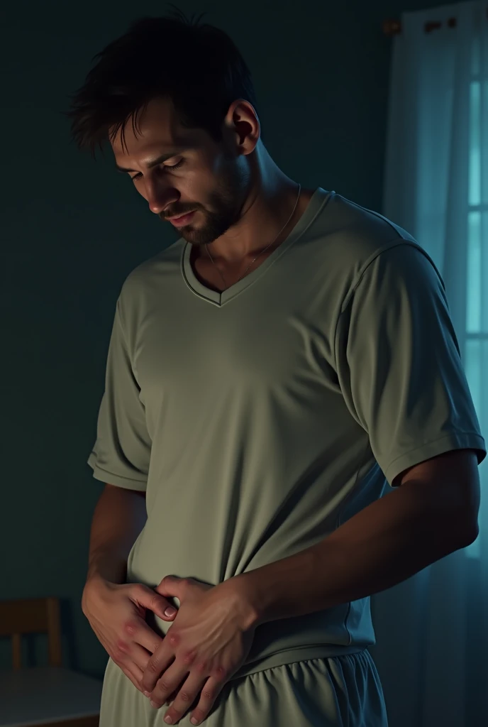 I will create a creative for Facebook to promote a product related to male prostate health, erection problems, and difficulty urinating. Waking up every night during sleep to go to the bathroom. Using this information, create an image of a sad man over 40 years old on top of the bed, having to get up to use the bathroom in the middle of the night. The photo should simulate the nighttime period.