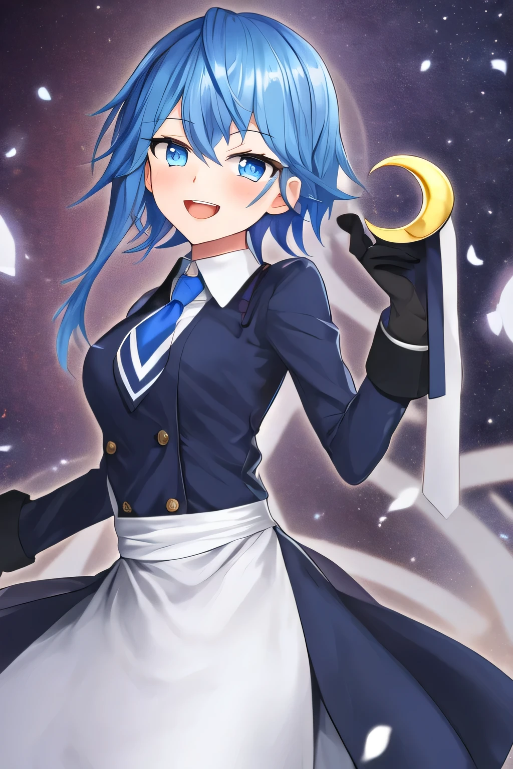 best quality, masterpiece, highres, solo, minazuki_kantaicollection, blue_hair, blue_eyes, asymmetrical_hair, butler, (female butler:1.2), open mouth, short_hair_with_long_locks, smile, crescent, necktie, blue_necktie, crescent_pin