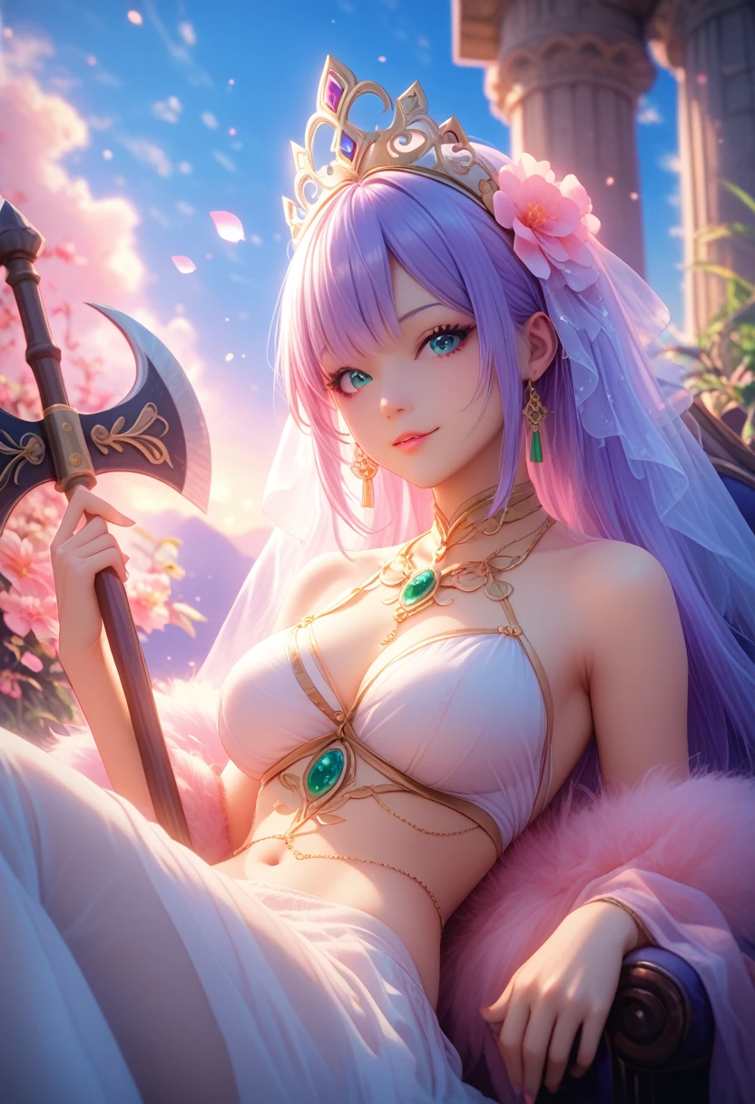 une femme, 25 ans, manga, cheveux longs, cheveux de couleur violette, robe blanche transparente, bretelle tombante, topless, Athena, sceptre en or, tenant un grand bouclier en or, beaucoup de détails, saint seiya, zodiaque, chevalier du zodiaque, dans la Grèce antique