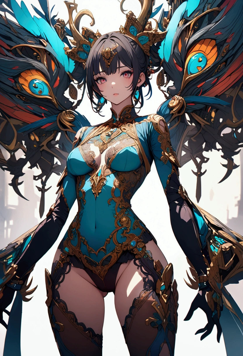 ((best quality)), ((masterpiece)), (detailed), 1 draconian-woman, 8k_wallpaper, extremely detailed eyes, (large masterpiece digital art), (intricate details:1.3 ), (ultra-detailed:1.3), (sharp focus:1.3), (natural lighting:1.05), (vivid colors:1.3), (best quality:1.4), high quality, expressive eyes, full body, detailed face, beautiful face, perfect face, ((hair sandy white curls)), (dragon dark blue horns), (gold eyes), {{dark skin}}, ({dark skinned female}), big breasts, (huge chest), strong powerfully visible muscles of the abdomen and thighs and legs, strong muscles of the arms, bold and decisive playful look of golden eyes, a predatory and vulgar smile with many fangs, she is wearing an open dark blue silk lush kimono with patterns of golden maple leaves, a white translucent cotton crop-top outlines of nipples under clothing, leather mini-shorts, lowered leather wide red belts on the waist with large yarn, a backpack with and long large dragon dark blue tail, she walks along a path against the backdrop of a dense forest and the ruins of an old castle, sunny clear day, fantasy style character concept art,