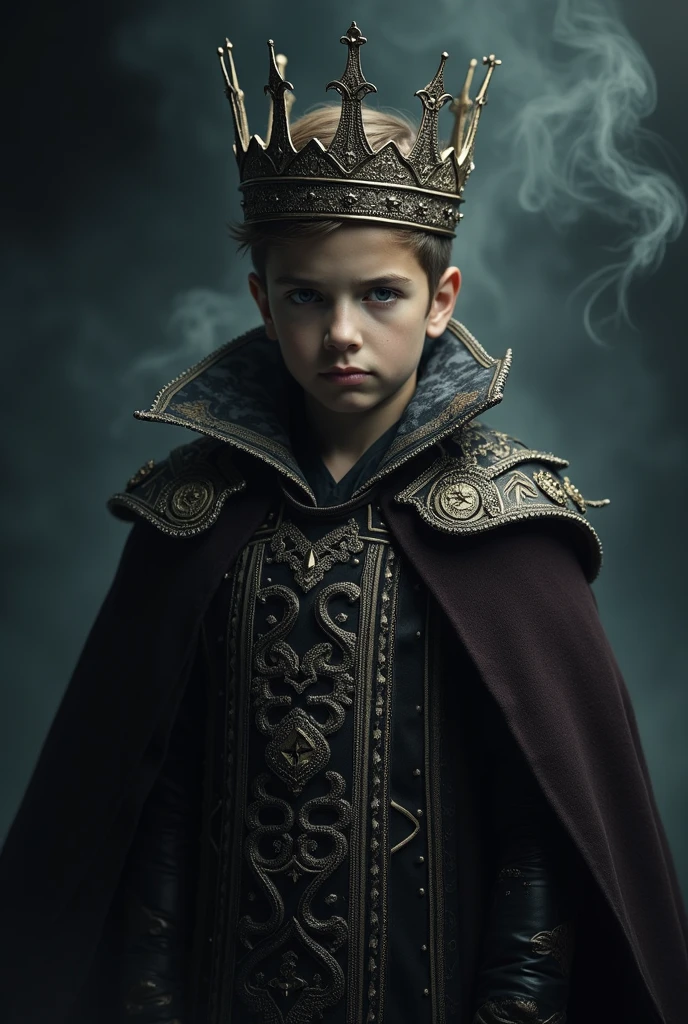 A handsome boy with blonde hair, wearing a black cloak, fair skin, and holding a magic wand.
