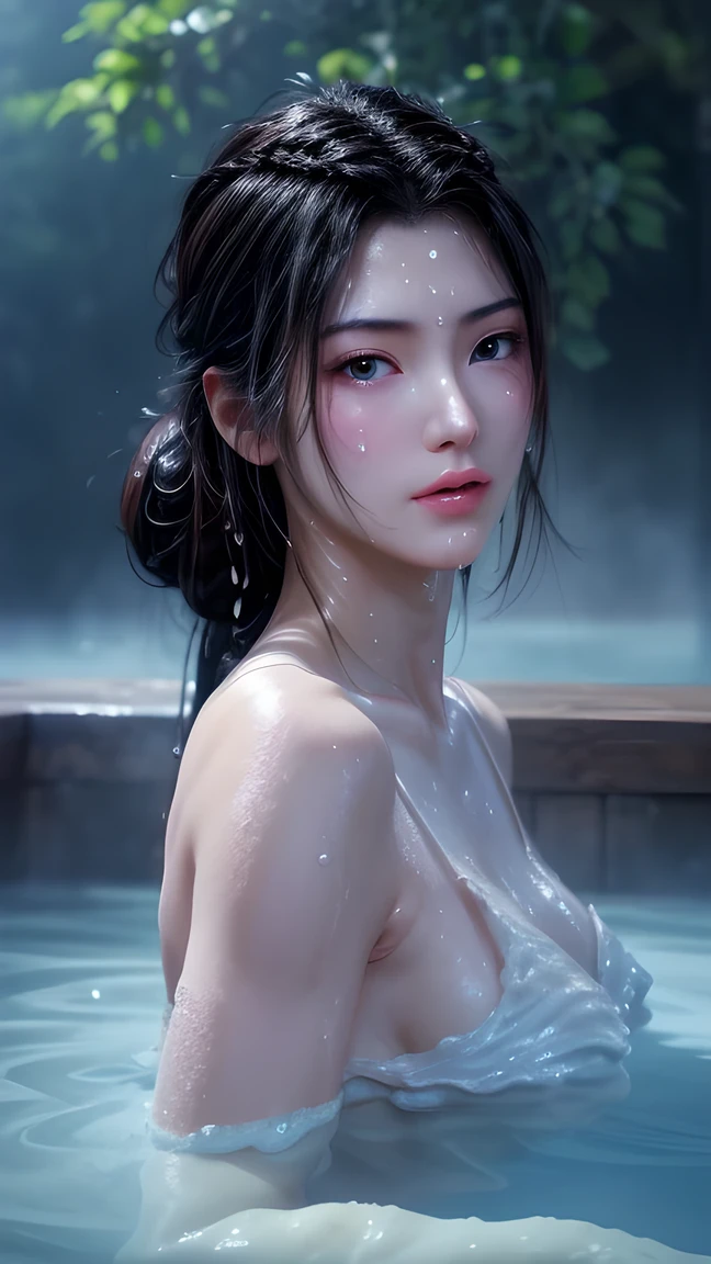 (masterpiece), (best quality:1.4), Ridiculous, [:intricate details:0.2], 1 girl, (naked towel), (fountain, hot spring:1.2), hydrated skin, (FOG:1.2), mist, skin shiny, Glowing skin, (partially submerged in the hot spring:1.2), (wet hair:1.2), mist, wet, moisture,full-body shot