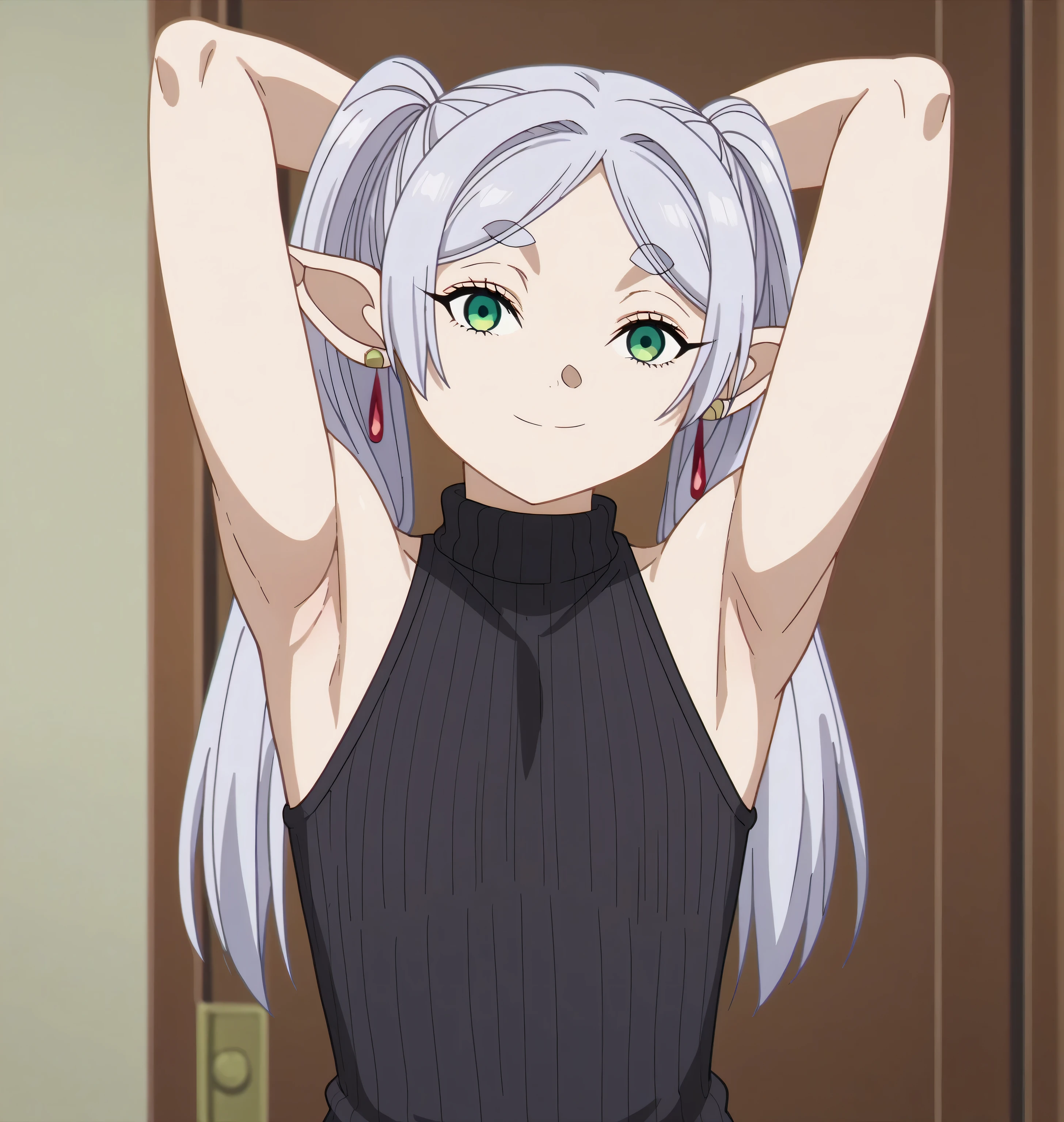 score_9, score_8_up, score_7_up, source_anime, anime screencap, indoors, inn, guild hall, 1girl, solo, frieren, green eyes, grey hair, twintails, thick eyebrows, pointy ears, earrings, flat chest, sweater, ribbed sweater, ribbed, turtleneck, black sweater, sleeveless sweater, looking at viewer, head towards viewer, bare shoulders, bare arms arms behind head, armpits, smile, closed mouth, sousou_no_frieren_style