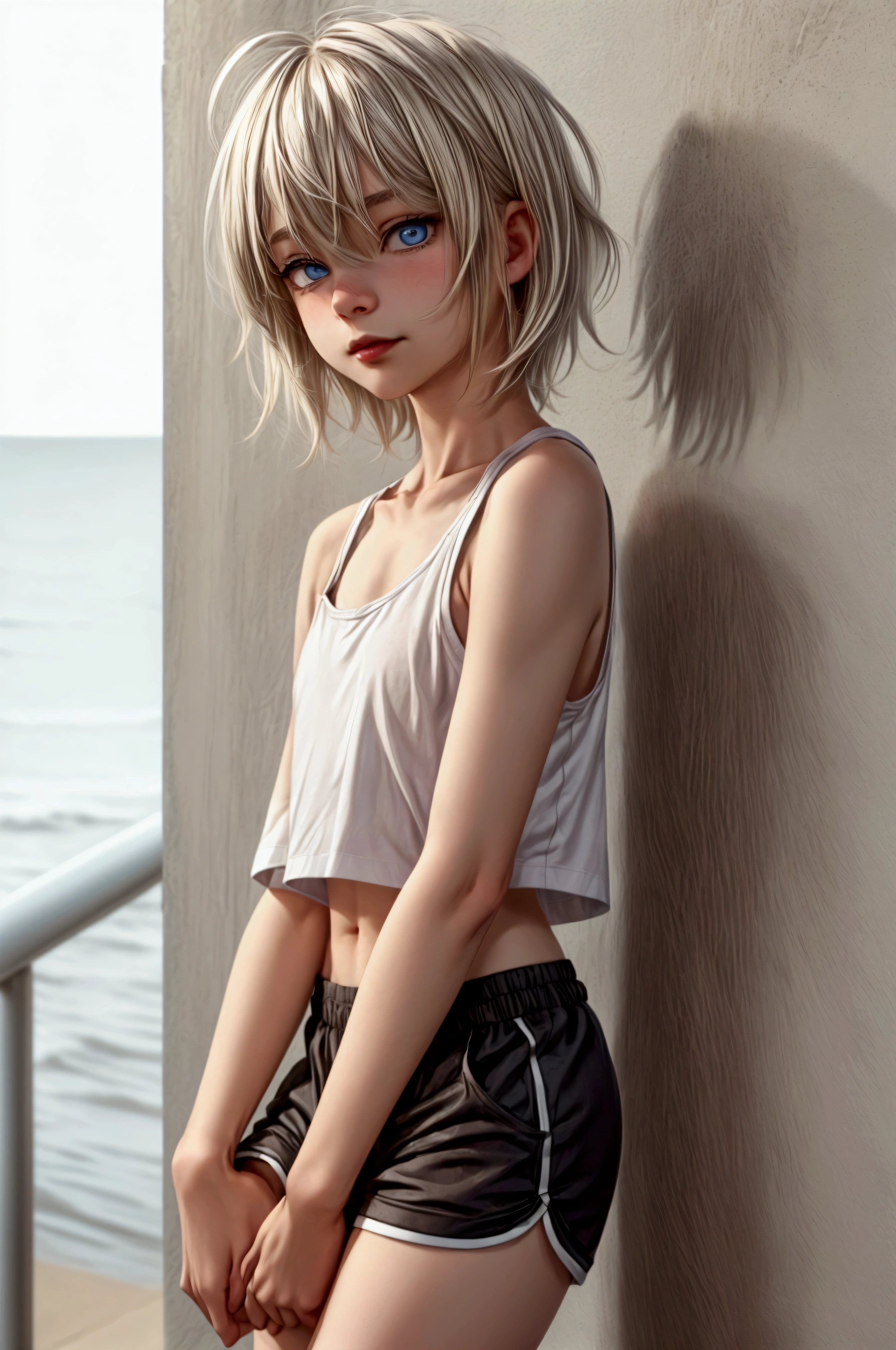 Anime style, Highres, Masterpiece, Best quality at best, Best Quality, hight quality, hight detailed, 1boy, blonde boy, boy body, cute boy, femboy, female physiognomy, detailed light blue eyes, short hair, messy hair, bangs, pastel rainbow inner hair color mesh, shy smile, boy flirty posing, front view, looking at viewer, wears a too short tshirt black, boy chest, bare shoulders, bare sleeves, bare arms, black dolphin shorts, (tiny bulge on shorts), beautiful legs, white stockings over knee, black sports shoes with pink stripes, boy body, Standing, sunny afternoon on the street, highest quality,