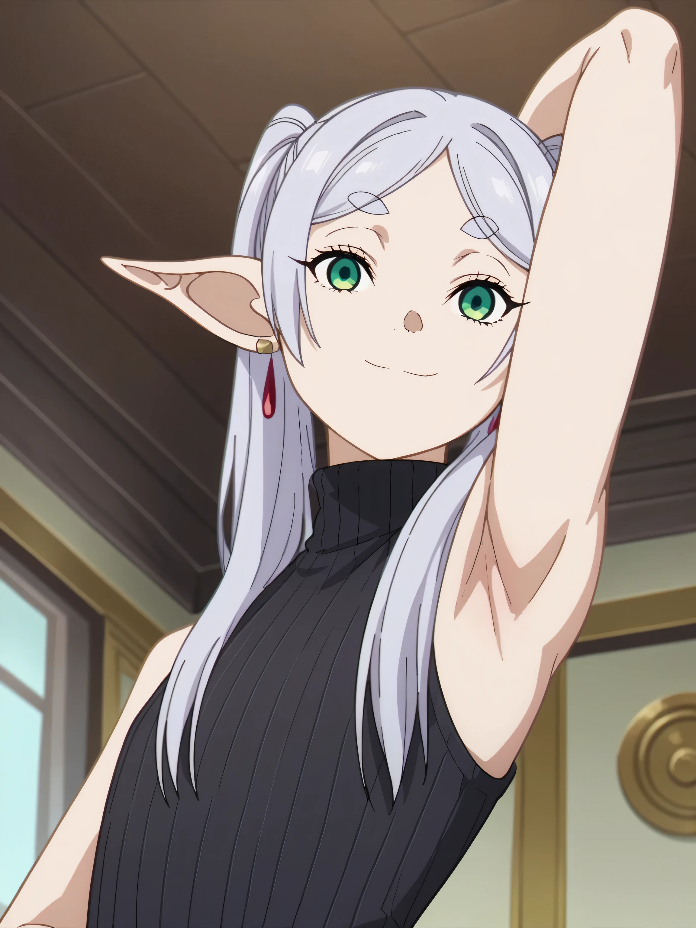 score_9, score_8_up, score_7_up, source_anime, anime screencap, indoors, inn, guild hall, 1girl, solo, frieren, green eyes, grey hair, twintails, thick eyebrows, pointy ears, earrings, flat chest, sweater, ribbed sweater, ribbed, turtleneck, black sweater, sleeveless sweater, looking at viewer, due contact with viewer, head towards viewer, bare shoulders, bare arms arm behind head, armpit, (smile:1.1), closed mouth, (from side, from below:1.1), sousou_no_frieren_style