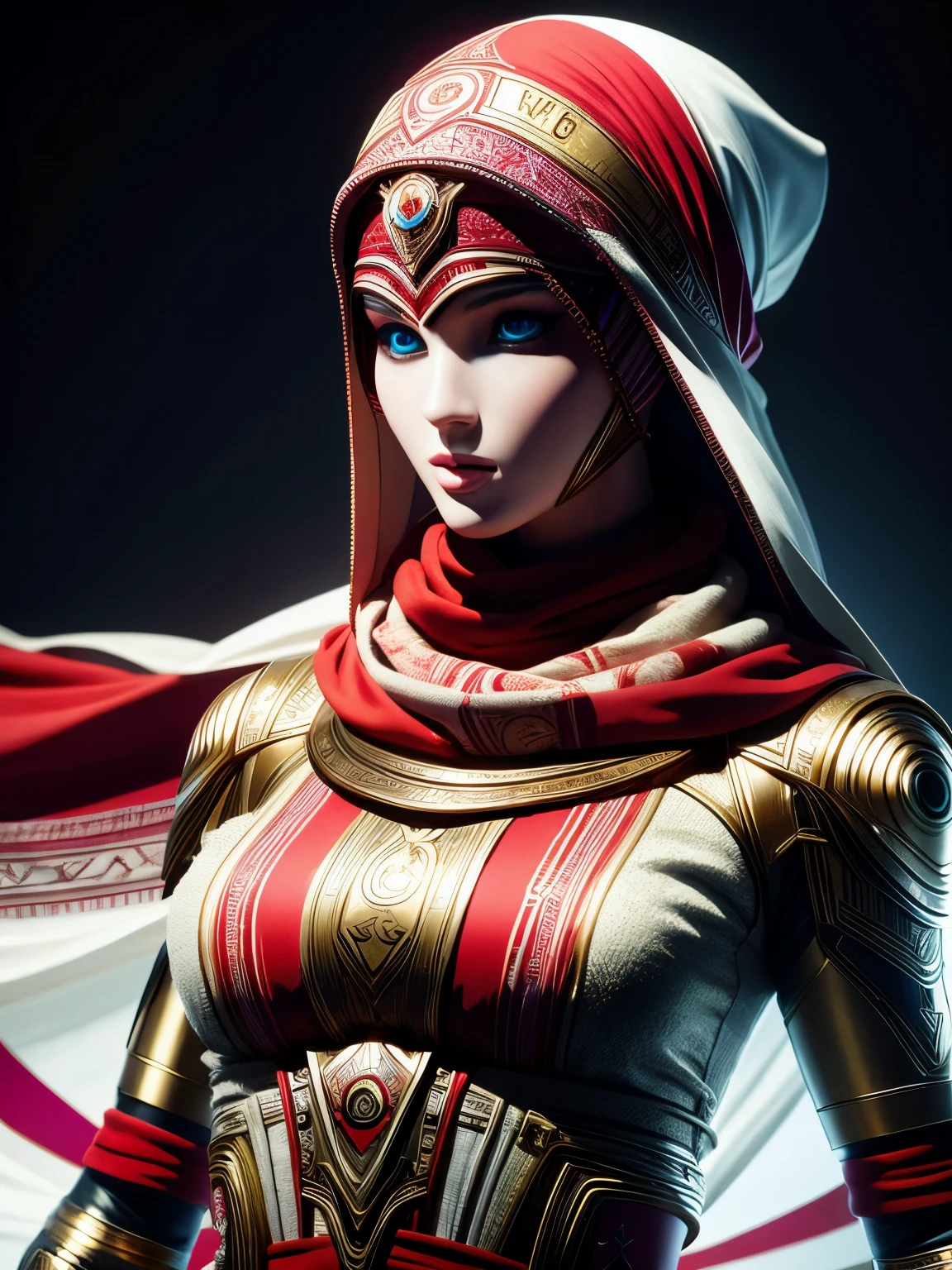 (high quality), (masterpiece), (detailed), 8K, A futuristic vision of a young woman, her upper body adorned with a fusion of Moroccan and Tunisian fashion, reimagined with a modern twist. (Sleek metallic fabrics1.2) contrast with (traditional embroidery1.2), while a (holographic headscarf1.2) adds a futuristic flair. (Enhanced eyes1.3) with (digital overlays1.2) capture a blend of cultures and technologies, creating a captivating portrait of the future.