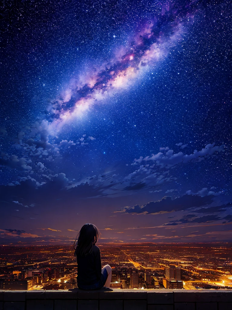 octans, null, star (null), scenery, starry null, night, One girl, night null, Alone, Outdoor, building, cloud, milky way, Sitting, tree, Long Hair, city, silhouette, cityscape