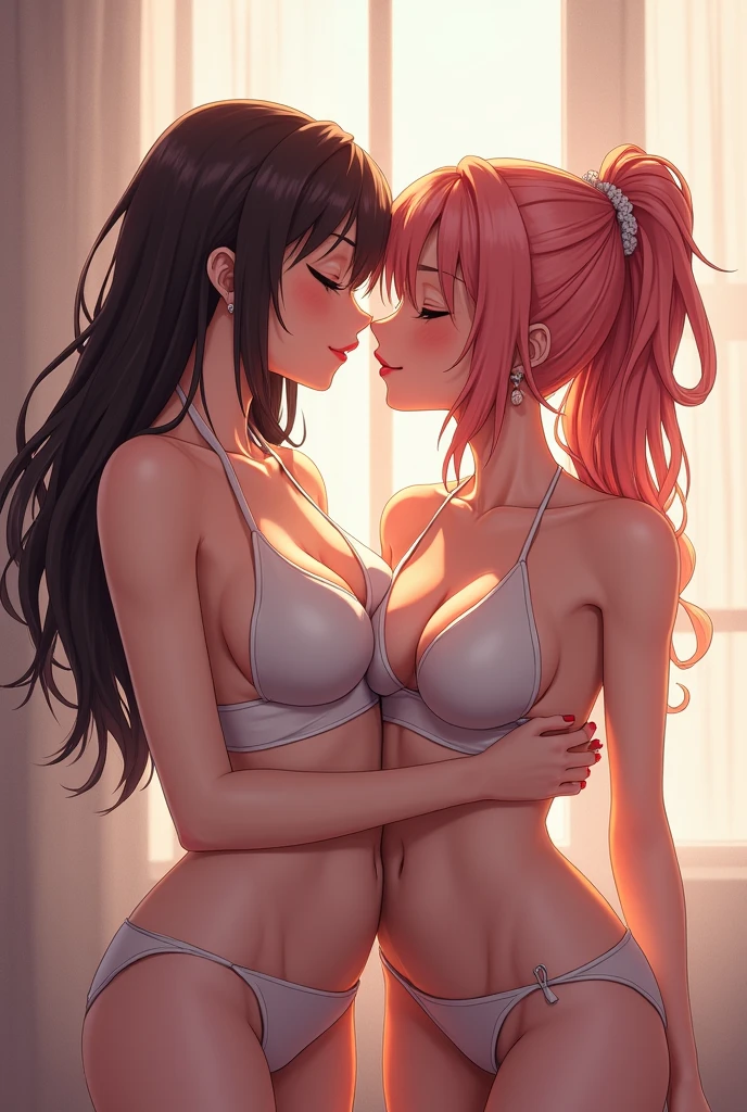 two women kissing with tongue, pink pussy, cum, spreading their feathers, nude, nsfw, big and small breasts, big ass, perfect body, 8k, ultra detailed, best quality