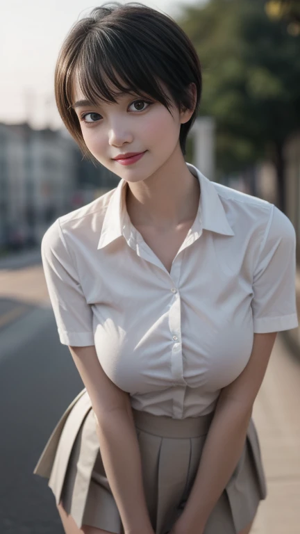 (high-level image quality、high-detail、hightquality、hight resolution、Draw everything in high resolution、masuter piece)、Very intense crystal light blue eyes、Very beautiful blue eyes、Small diamond-shaped earrings、Look firmly at the camera、Keep an eye on your audience、Put your ears out、short black hair with a beautiful sheen,,,,,,,、Beautiful very short beautiful hair with bangs、Show off all the beautiful décolletés、Beautiful 28 years old、lipgloss、long neck、happily laughing、Smiling very happily、Beautiful teeth alignment、Small beautiful face、Beautie、Pretty Woman、Business shirt with a snow-white collar with open chest、A pure white blouse that opens to the chest、Shirt with rolled up sleeves、Wide Open Color、Very immaculate background、Really snow-white background、Slightly bigger eyes、Brings intense light to the eyes、Rather wide shoulders and beautiful、tall supermodel、Long-legged supermodel、Supermodel with broad shoulders、Female sexy、tilt your face slightly、Turn your face slightly to the right、Get closer to your audience、Watch your audience carefully、Smile at your audience