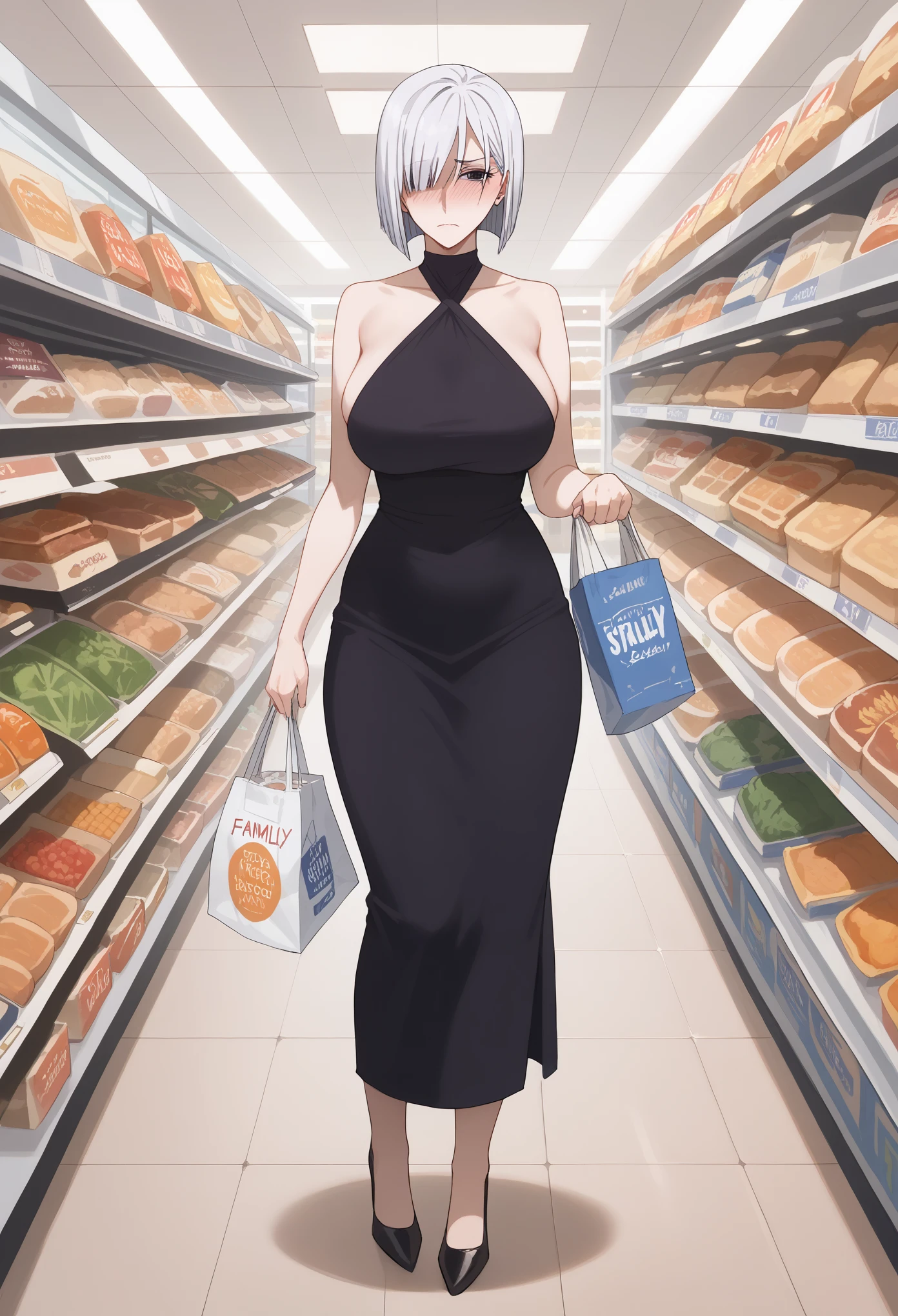 score_9, score_8_up, score_7_up,masterpiece, best quality, intricate details, absurdres,1girl, mature woman, curvy breasts, large breasts, breasts apart,Fiona Frost(SpyxFamily), detailed eyes, grocery store, black halter dress, high heels, embarrassed, 