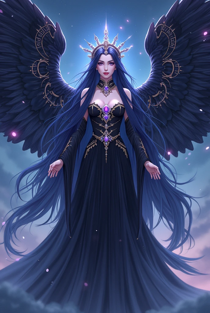 Visionary Art, floating woman, black wings, deity, goddess of Greek mythology, nyx goddess, allegorical painting, goddess Hecate, elegant dress, black dress, flowing clothing, black clothing, black hair, big hip, beautiful hands, hands holding bright crystal, minimalist tiara, crystal tiara, beautiful jewelry, minimalist jewelry, halo of light behind the head, night scenery, starry night, magic clouds, beautiful clouds, renaissance, divine, expansion of Consciousness,
