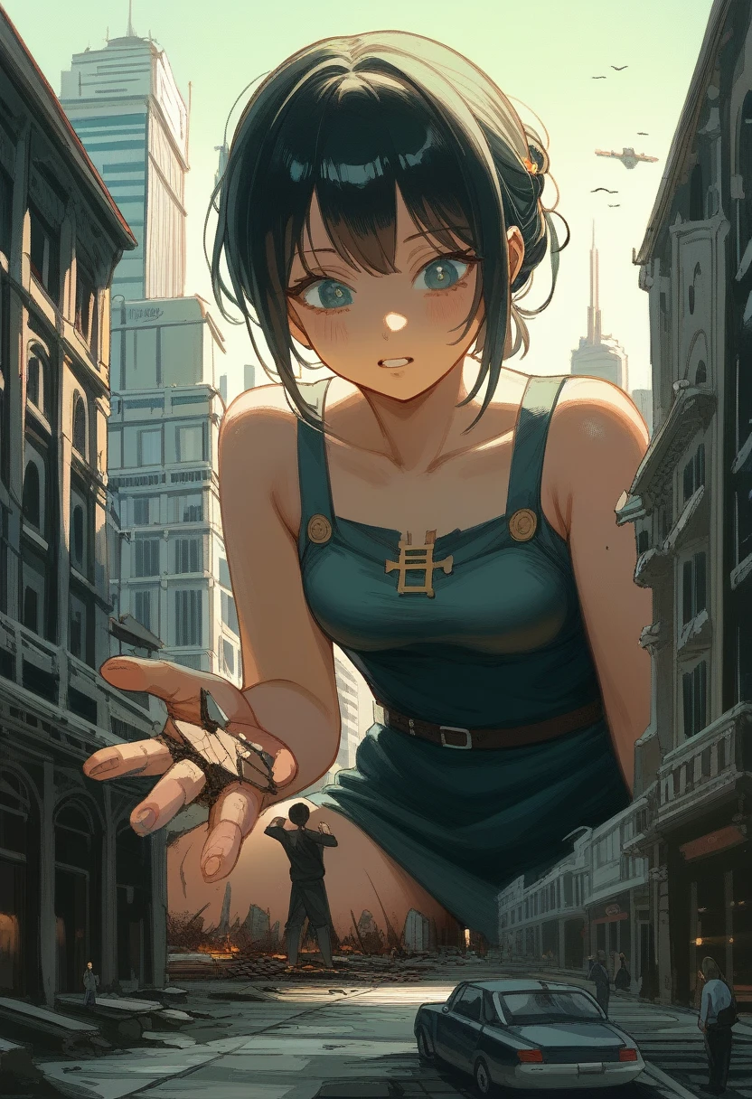 Giantess、Giantess Woman、Giantess、Dynamic Lighting、Looming、walk、A woman bigger than the building、8k、High Quality、high quality、Draw women big、Suzu Hirose、Black Hair、Small breasts、Miniature Buildings、Miniature city、Miniature destroyed buildings、Giant destroying buildings、Destroying a building with hands、Ruined City、Broken Building、City in Ruins、big disaster、Aerial photo